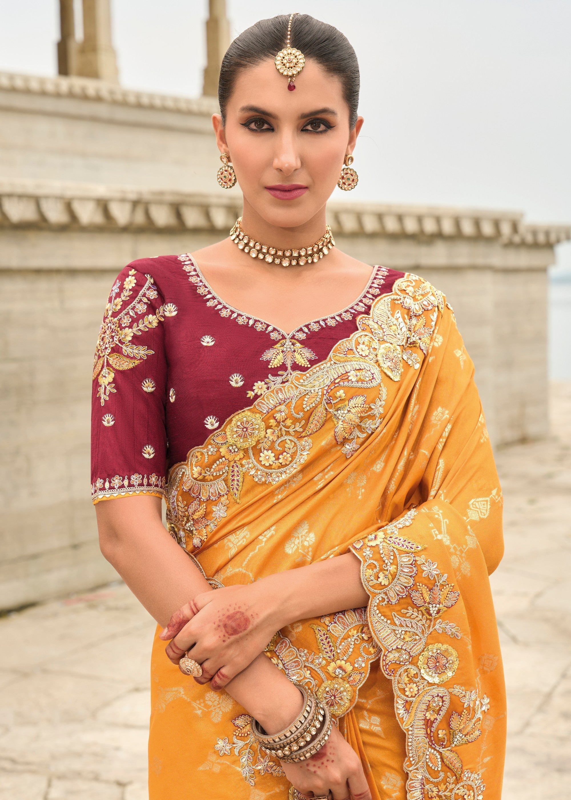 Orange Viscose Tissue Silk Saree With Embroidery Cut Work Border And Sequence Work - qivii