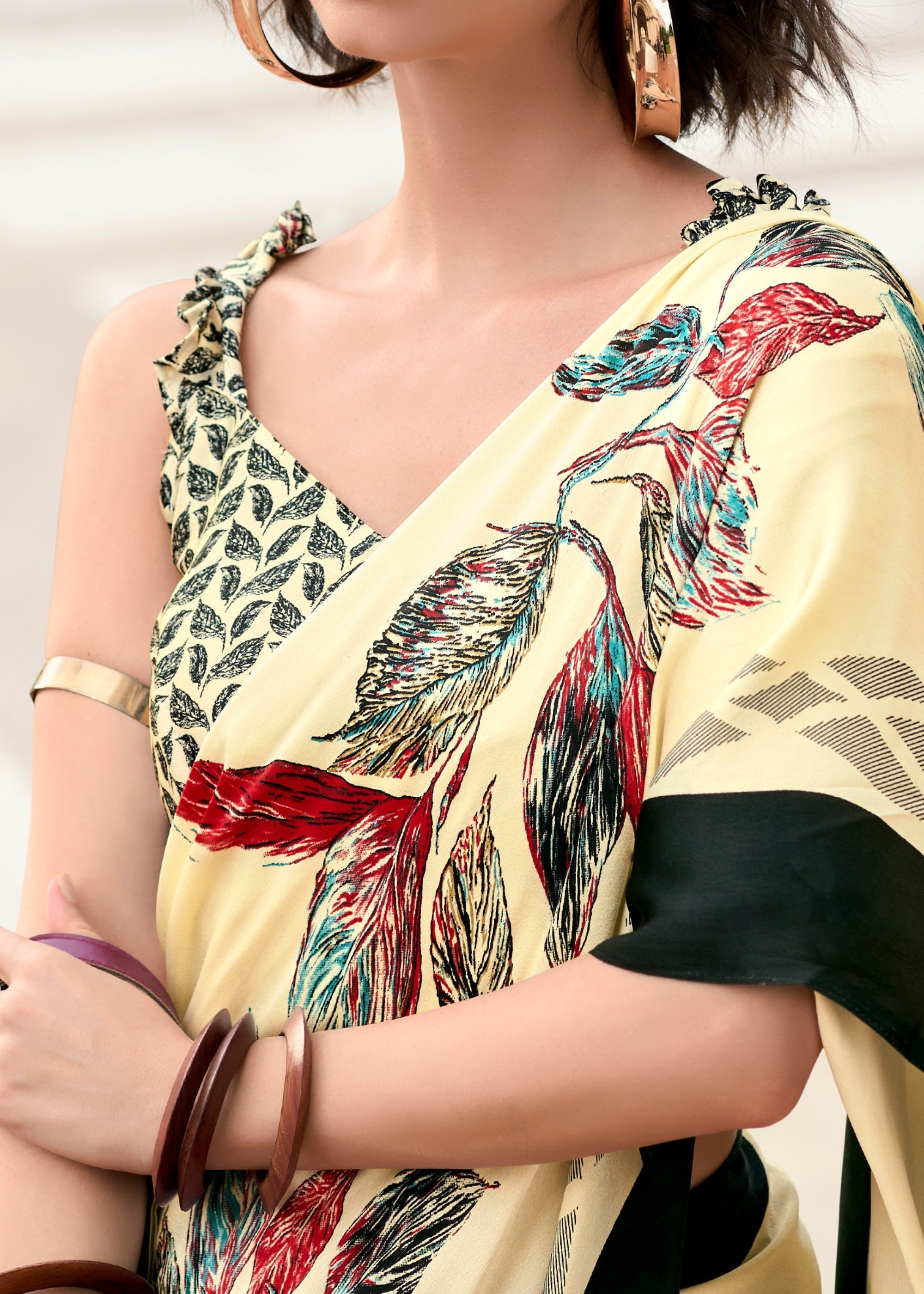 Blonde Yellow Printed Satin Silk Saree - qivii