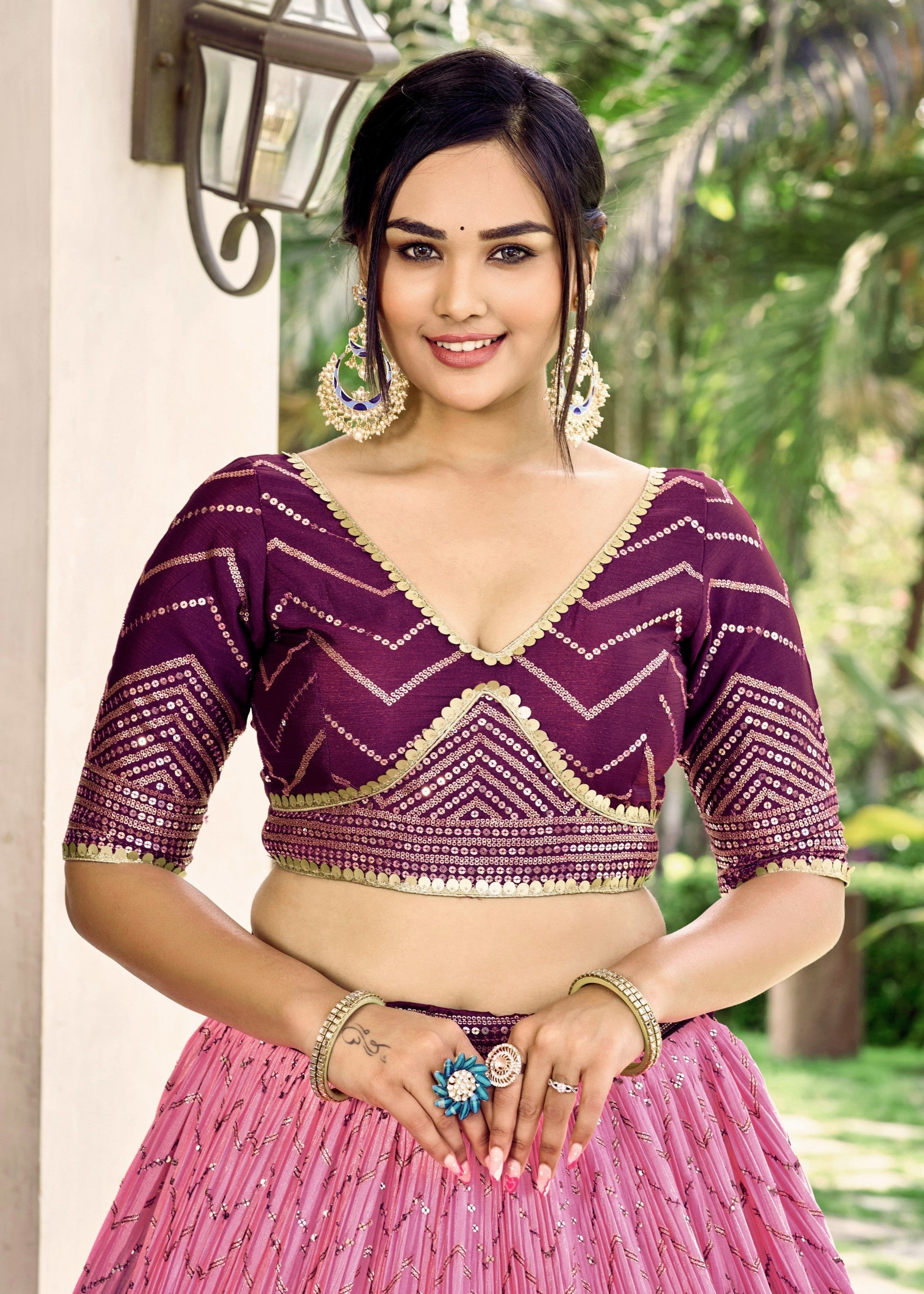 Plum Purple Chinon Silk Lehenga With Sequence and Thread Embroidery Work | Ready To Wear - qivii