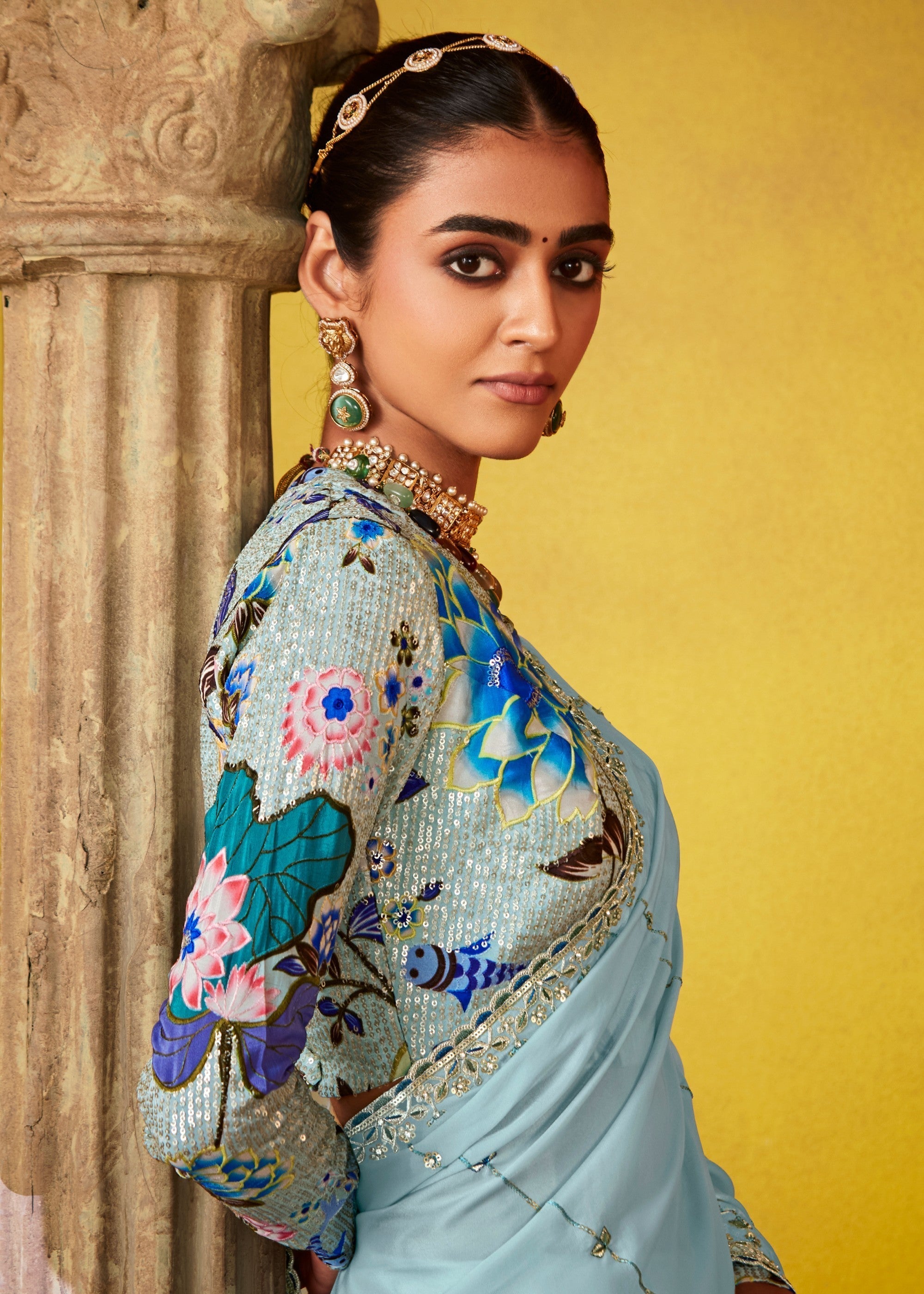Arctic Blue Glass Tissue Silk Saree With Sequins And Thread Embroidered Work - qivii