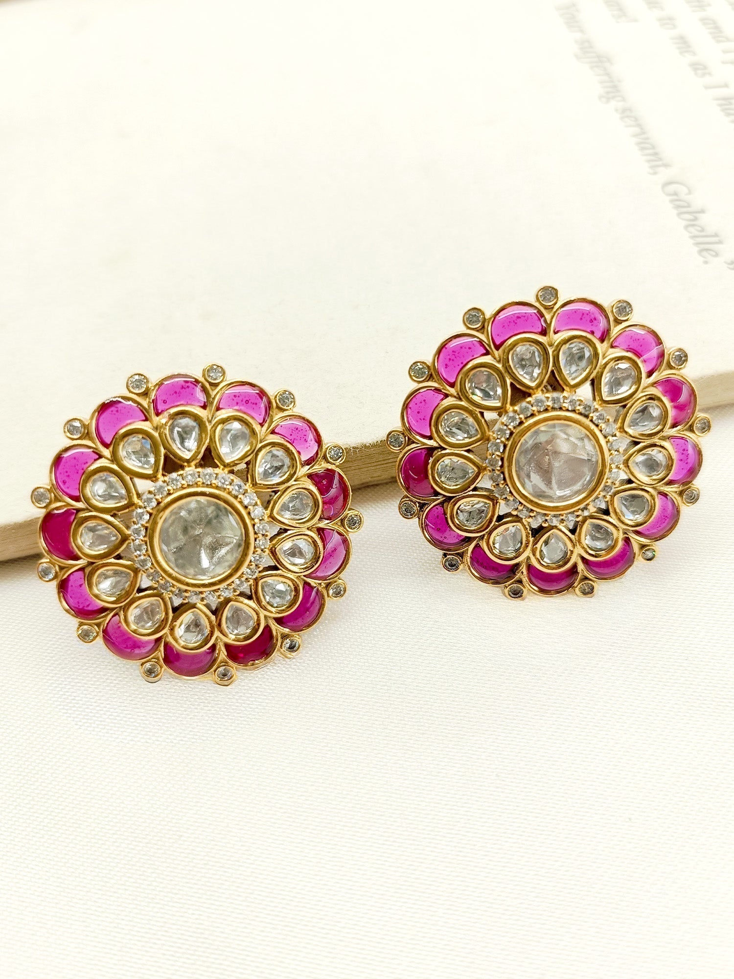 Devashri Majenta Boutique Tops Gold Plated Brass Metal Earrings with American Diamonds