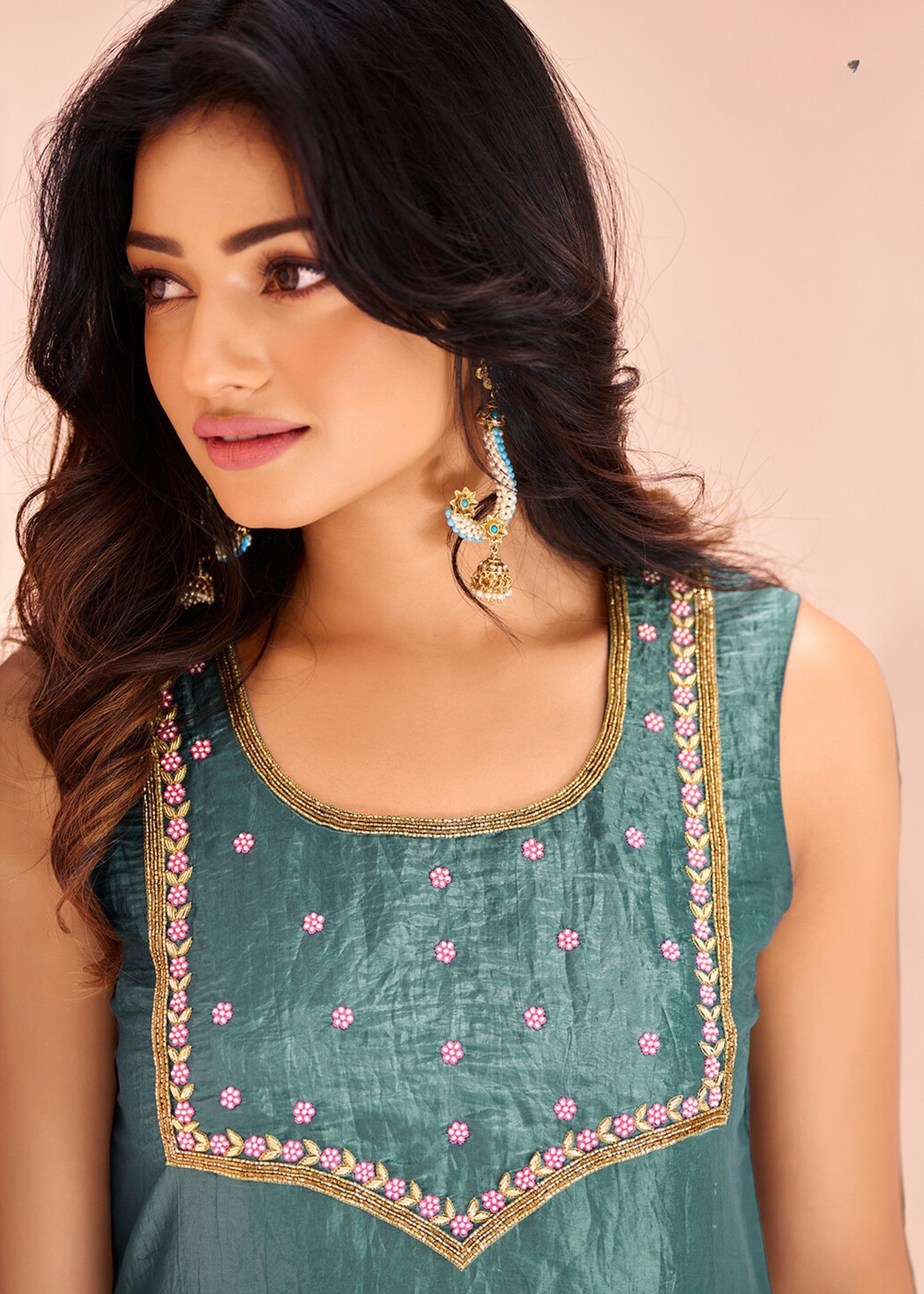 Aqua Organza Handwork Kurta with Pant - qivii