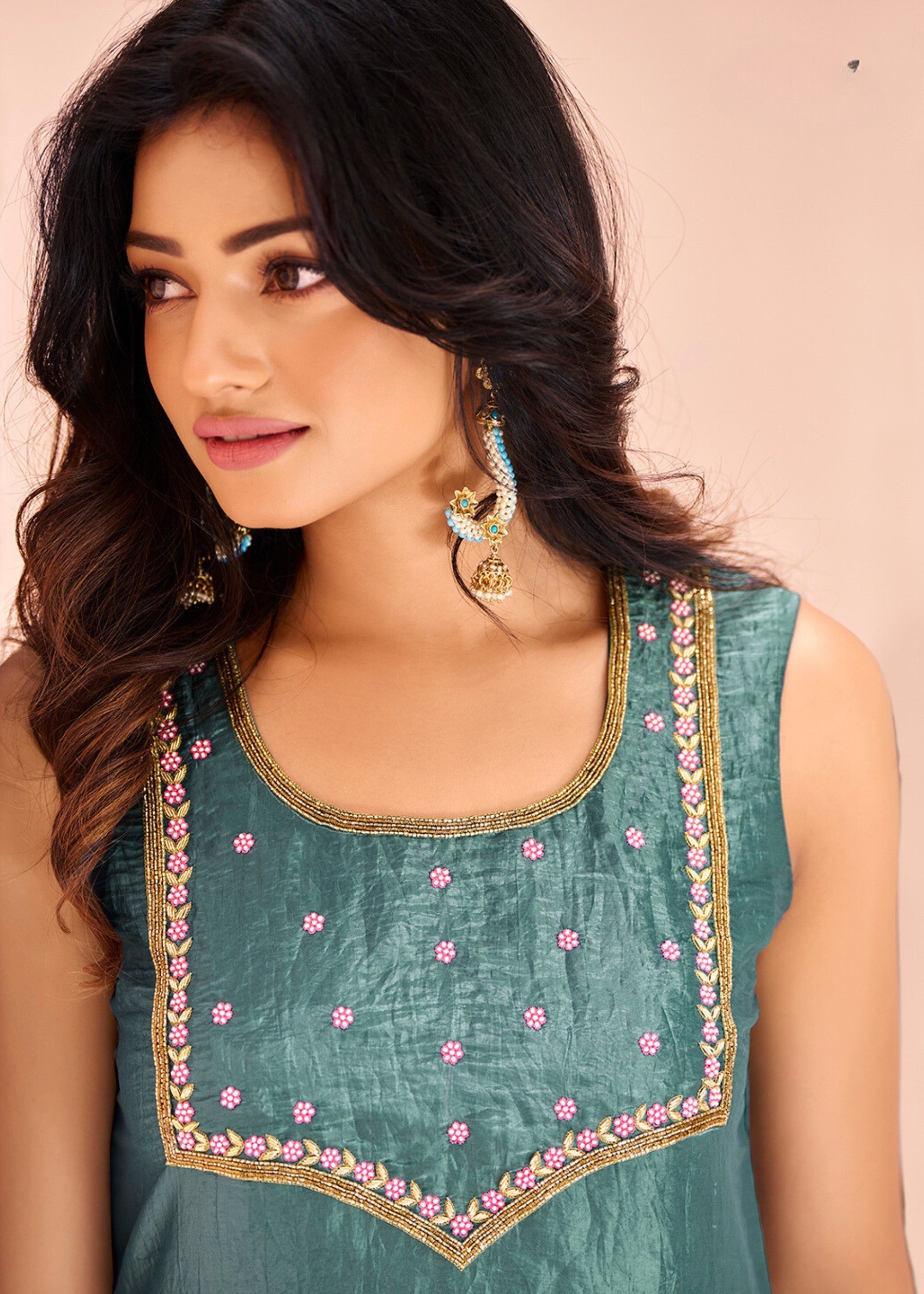 Aqua Organza Handwork Kurta with Pant - qivii