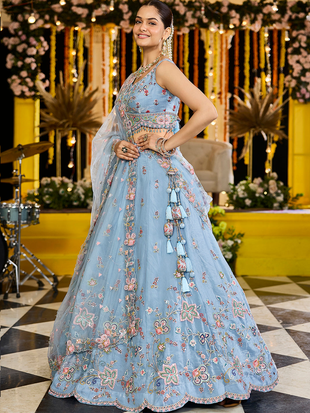 Sky Blue - Satin Silk Fabric Sequinned Embroidered Ready to Wear Lehenga Choli & Dupatta