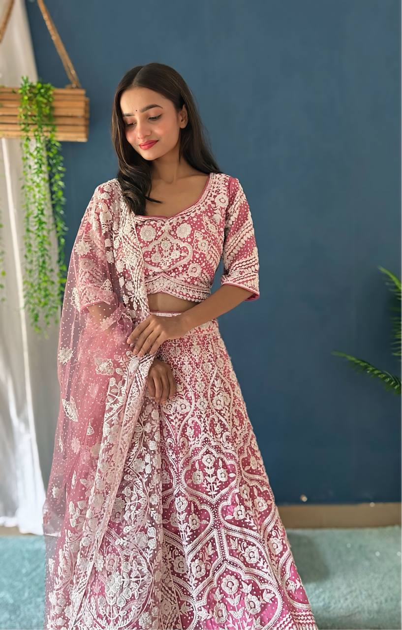 PINK HEAVY NET DESIGNER PURE BITTS PEARL DESIGN WORK LEHENGA - INSPIRED | Ready To Wear - qivii