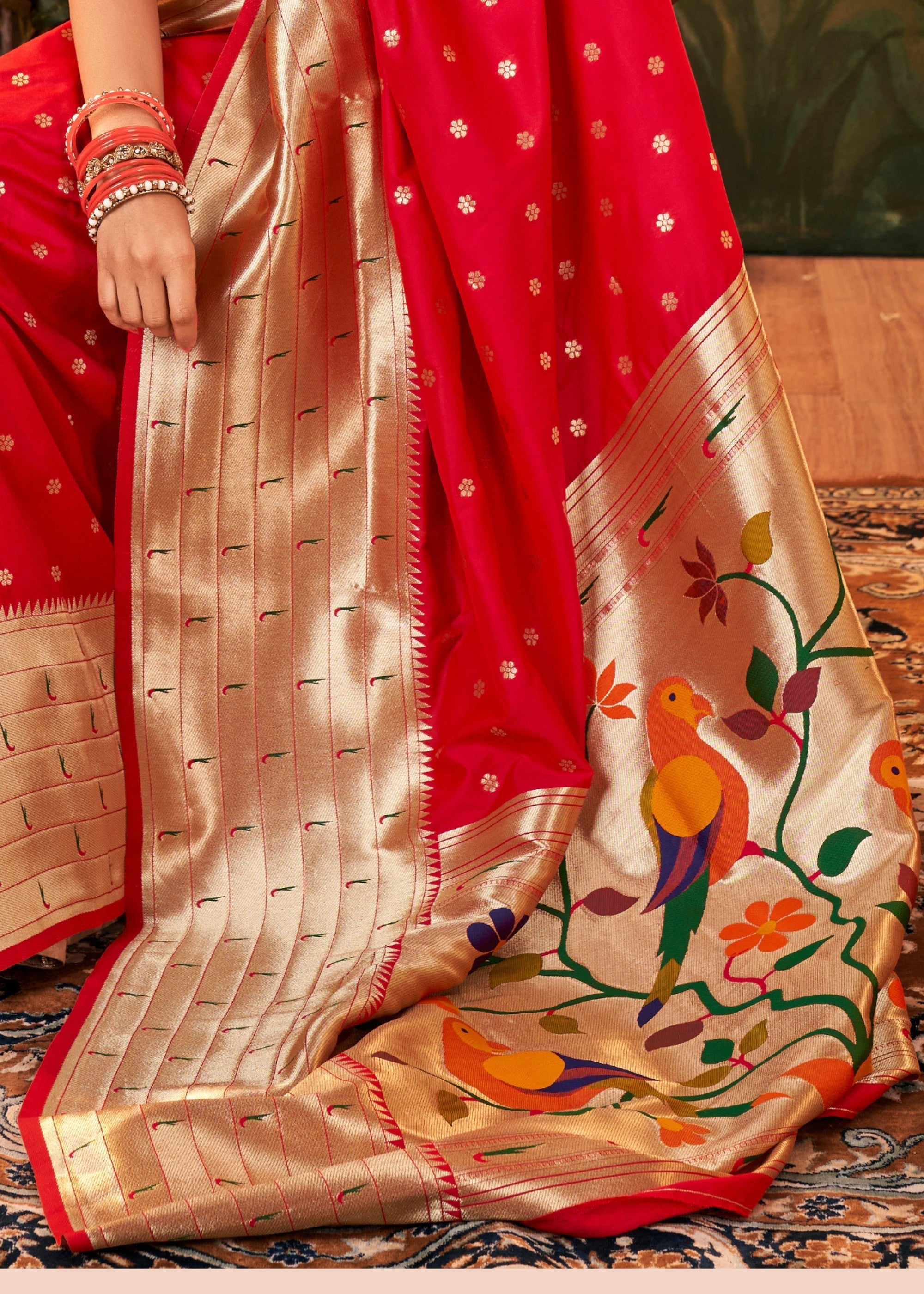 Scarlet Red Paithani Silk Saree With Zari Weaving - qivii