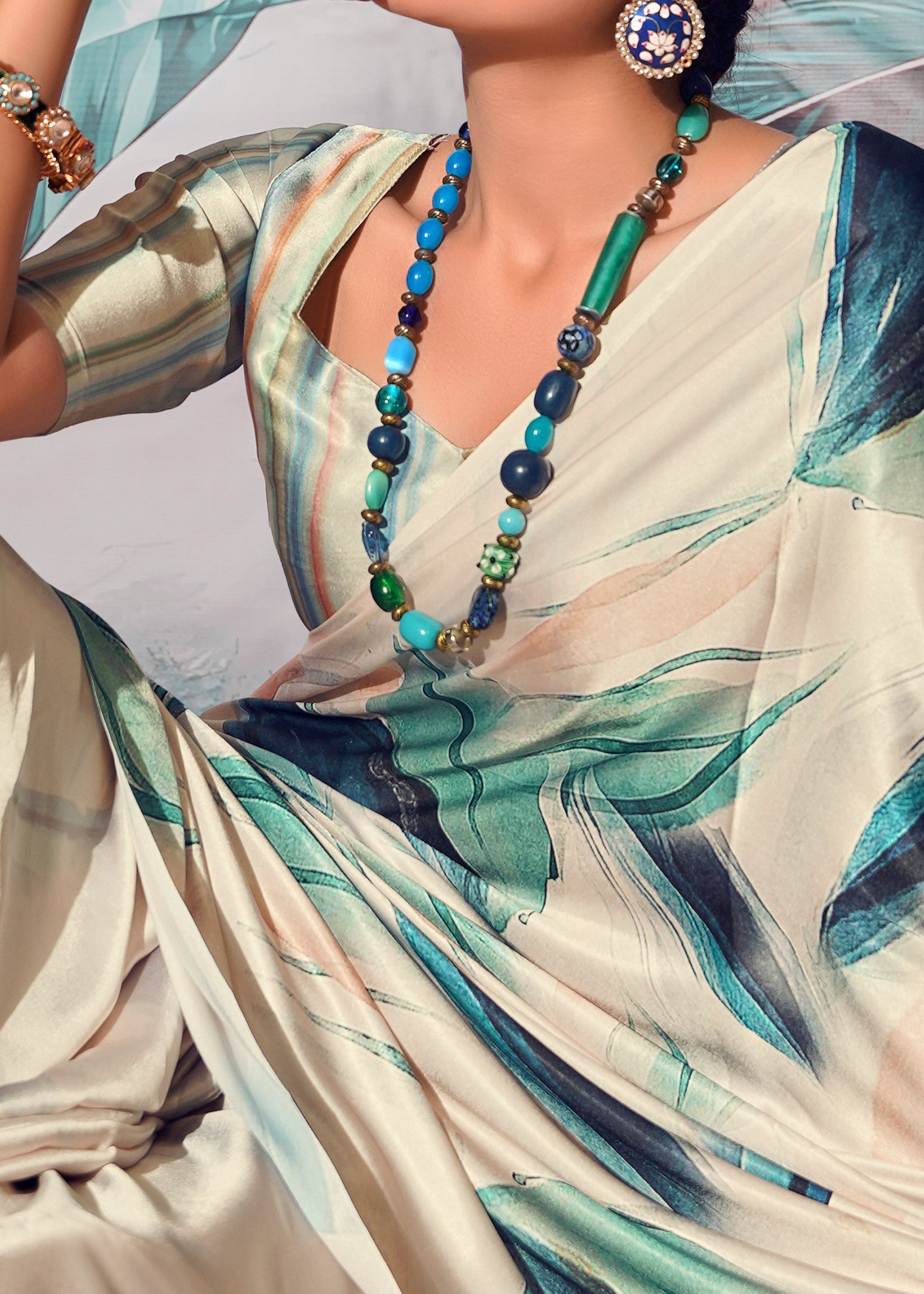 Ivory Pink and Green Satin Crepe With Digital print : Top Pick - qivii