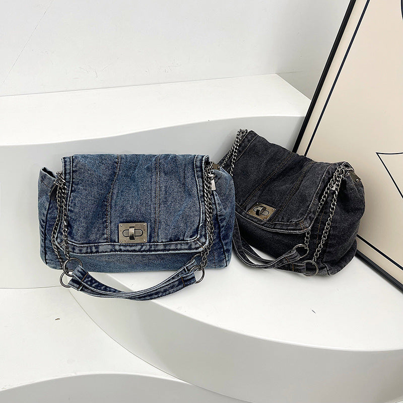 Women's Vintage Denim Tote Bag – Casual Chain Strap Shoulder Bag with Spacious Compartment Retro Commuter Essentials