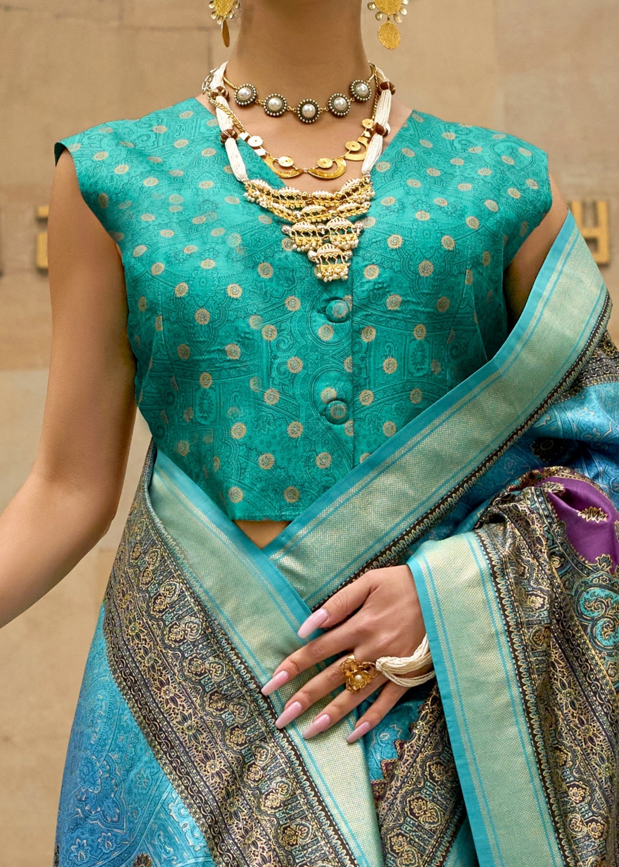 Light Blue Poly Viscose Silk Saree With Foil Print - qivii