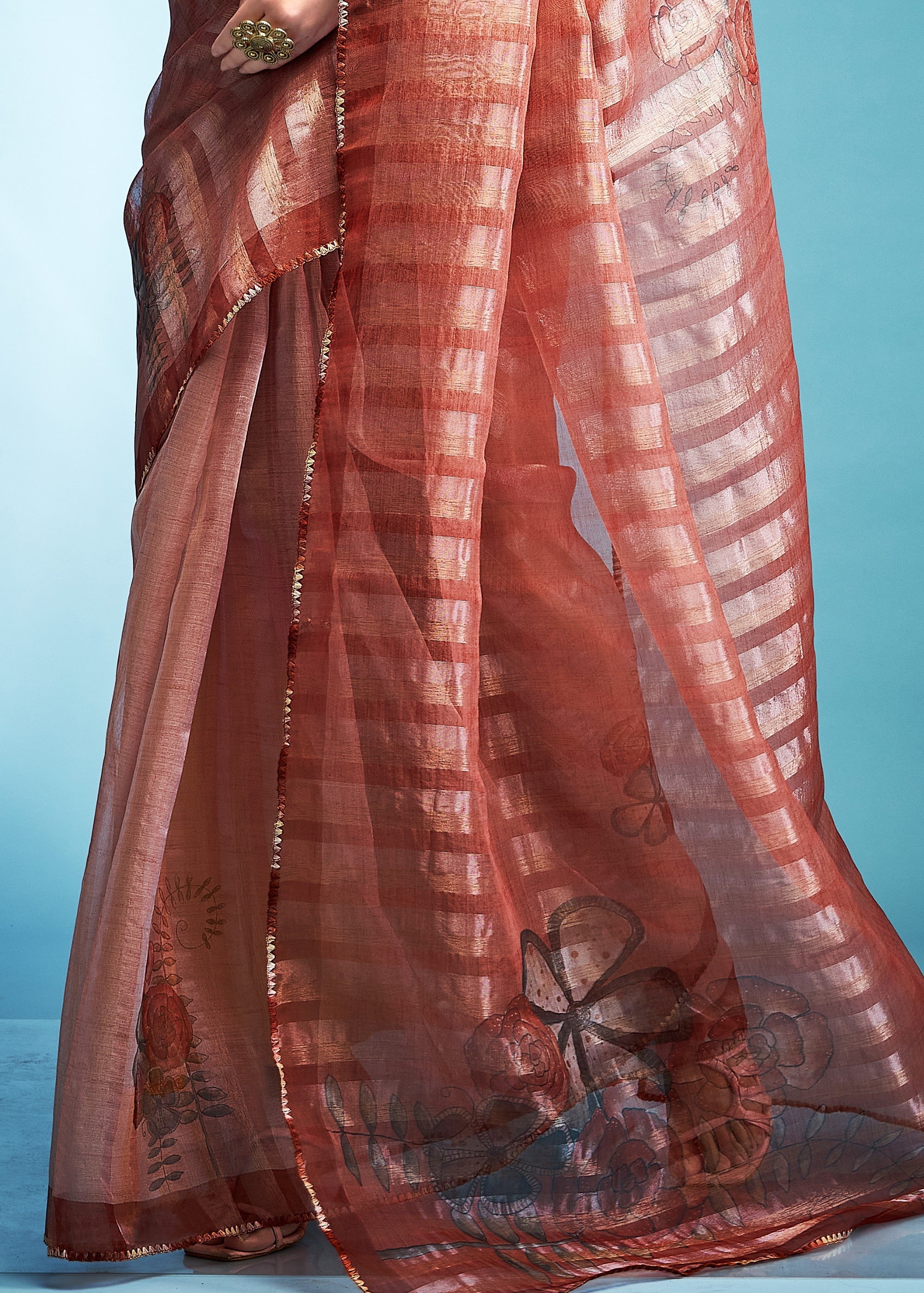 Salmon Orange Tissue Silk Saree With Floral Print - qivii