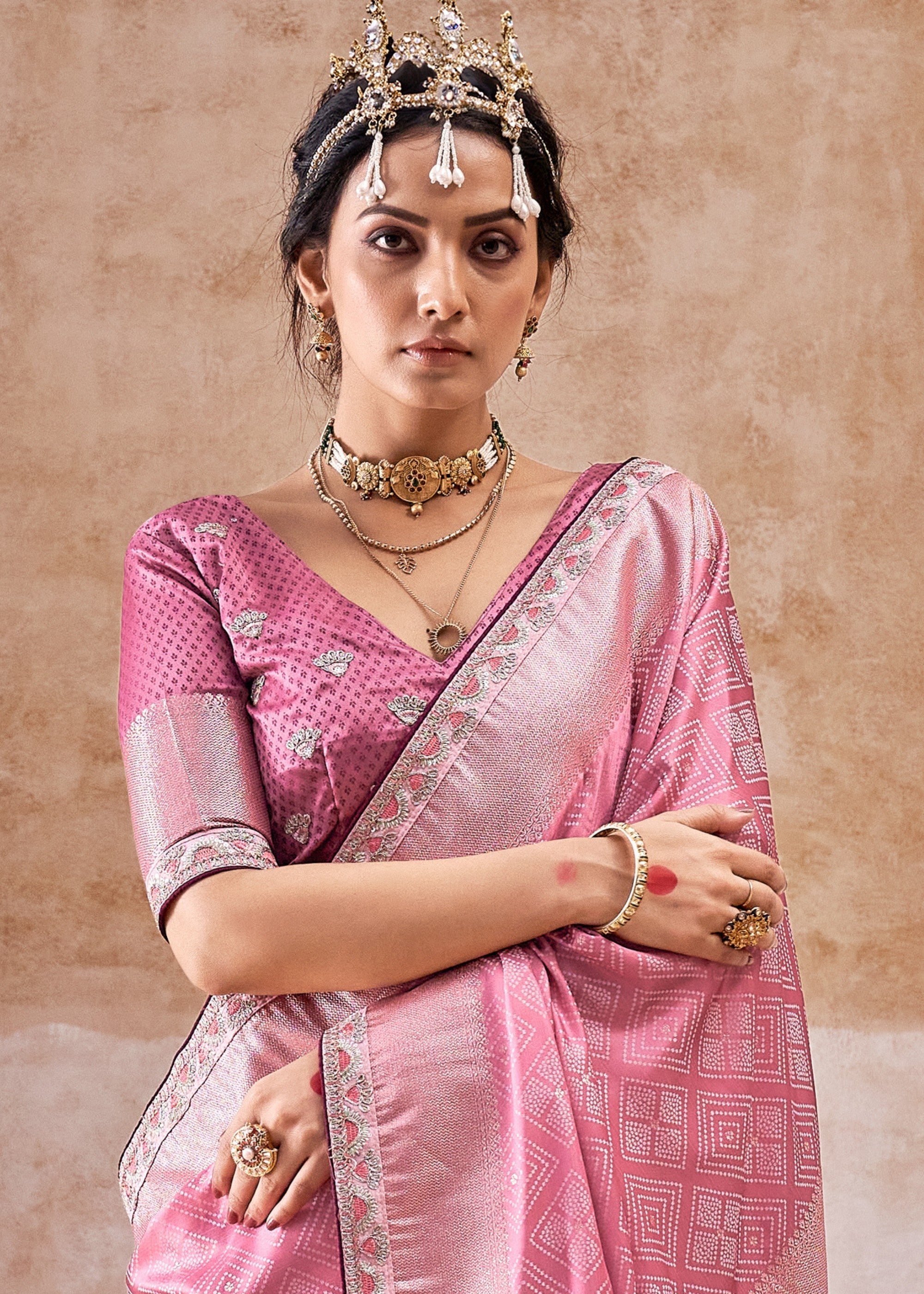 Blush Pink Satin Silk Saree With Heavy Embroidery Lace & Blouse - qivii