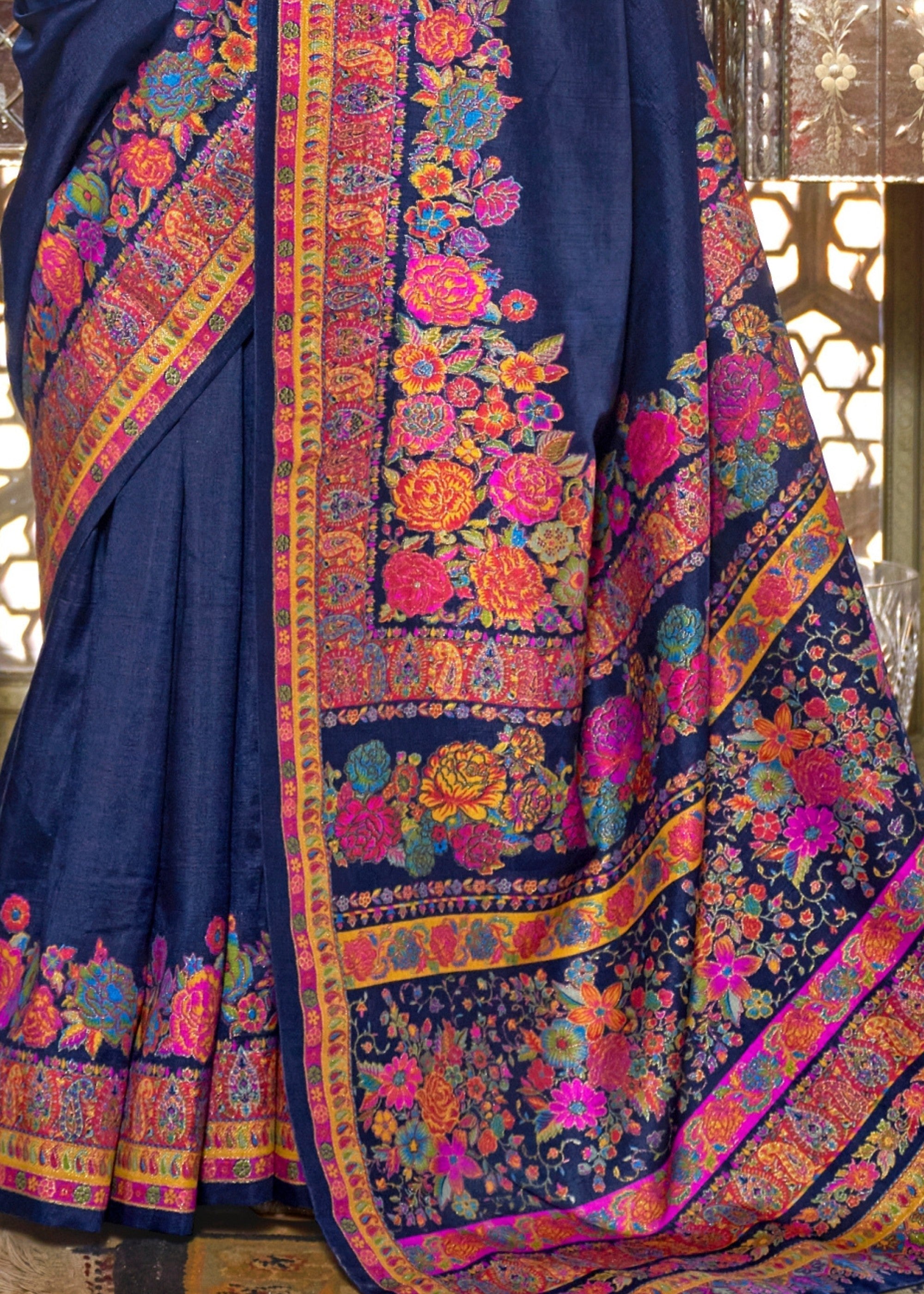 Astros Navy Blue Silk Saree With Luxury Print And Glory Finish - qivii