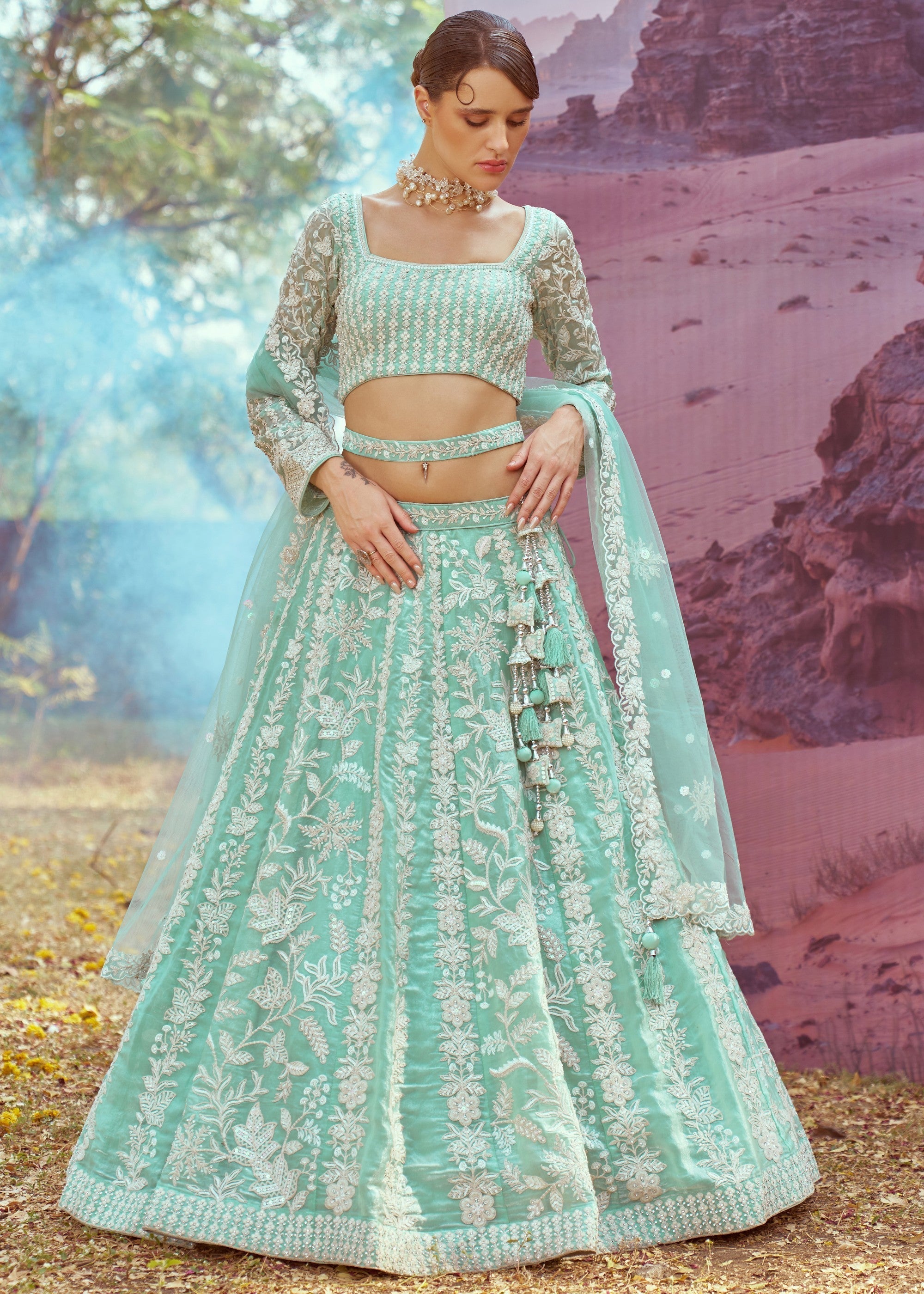 Sea green Organza Sequins embroidery Lehenga | Ready To Wear - qivii