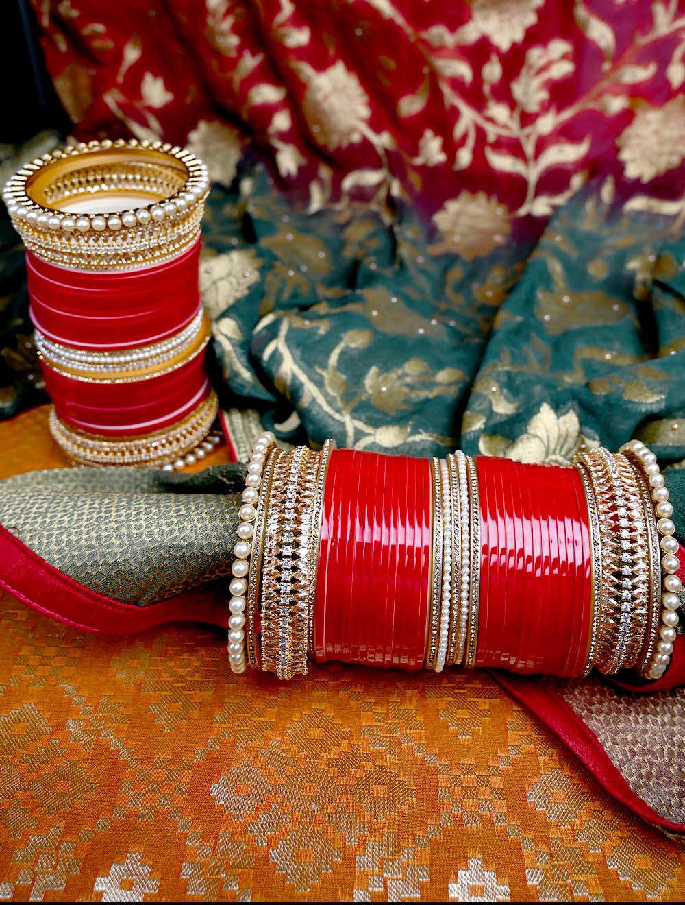 Jyotsana Pearl & American Diamond Red Chura Set - qivii