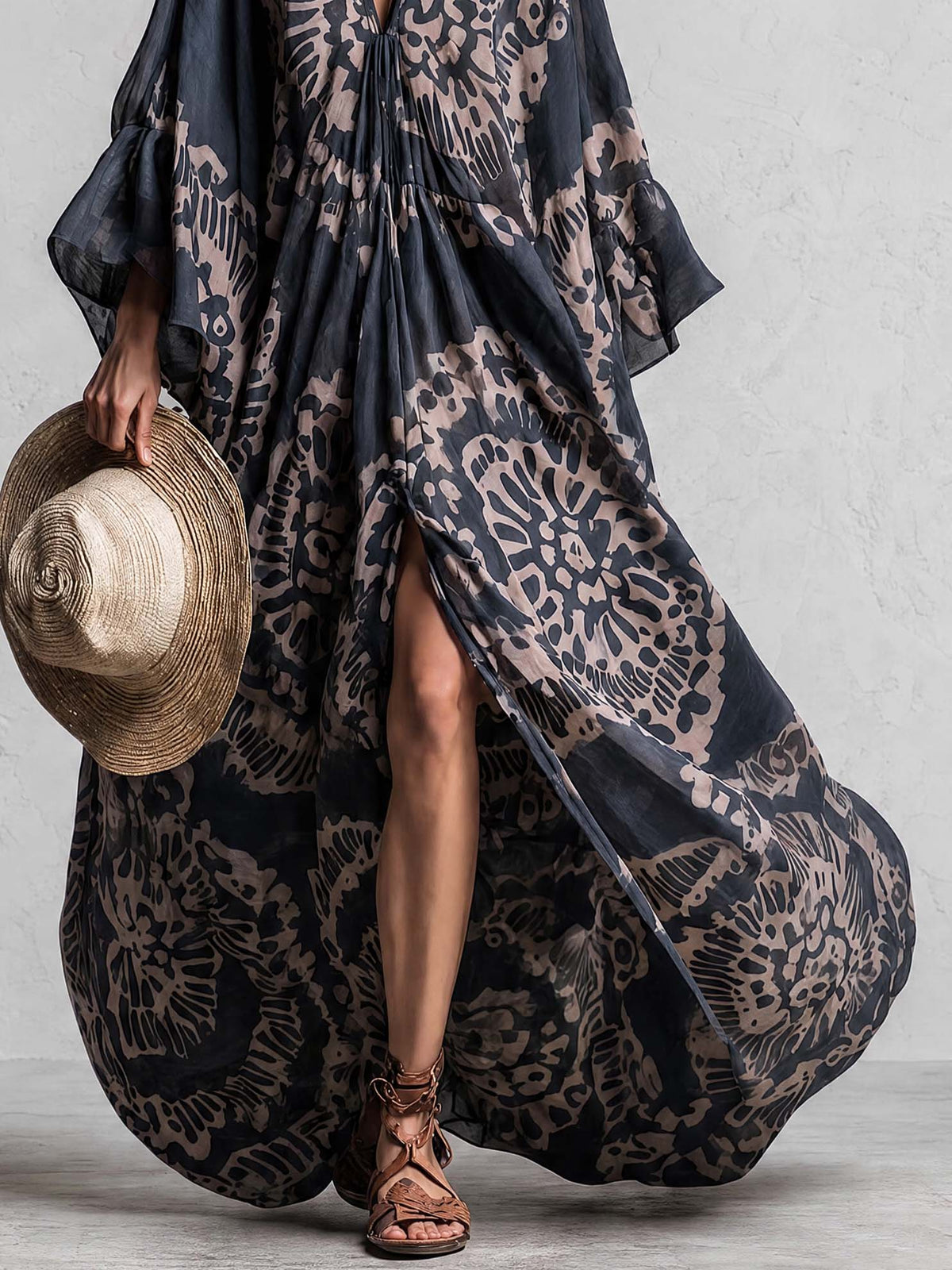Elegant And Flowing Retro Print V-neck Dark Blue Chiffon Slit Maxi Dress - By Qivii