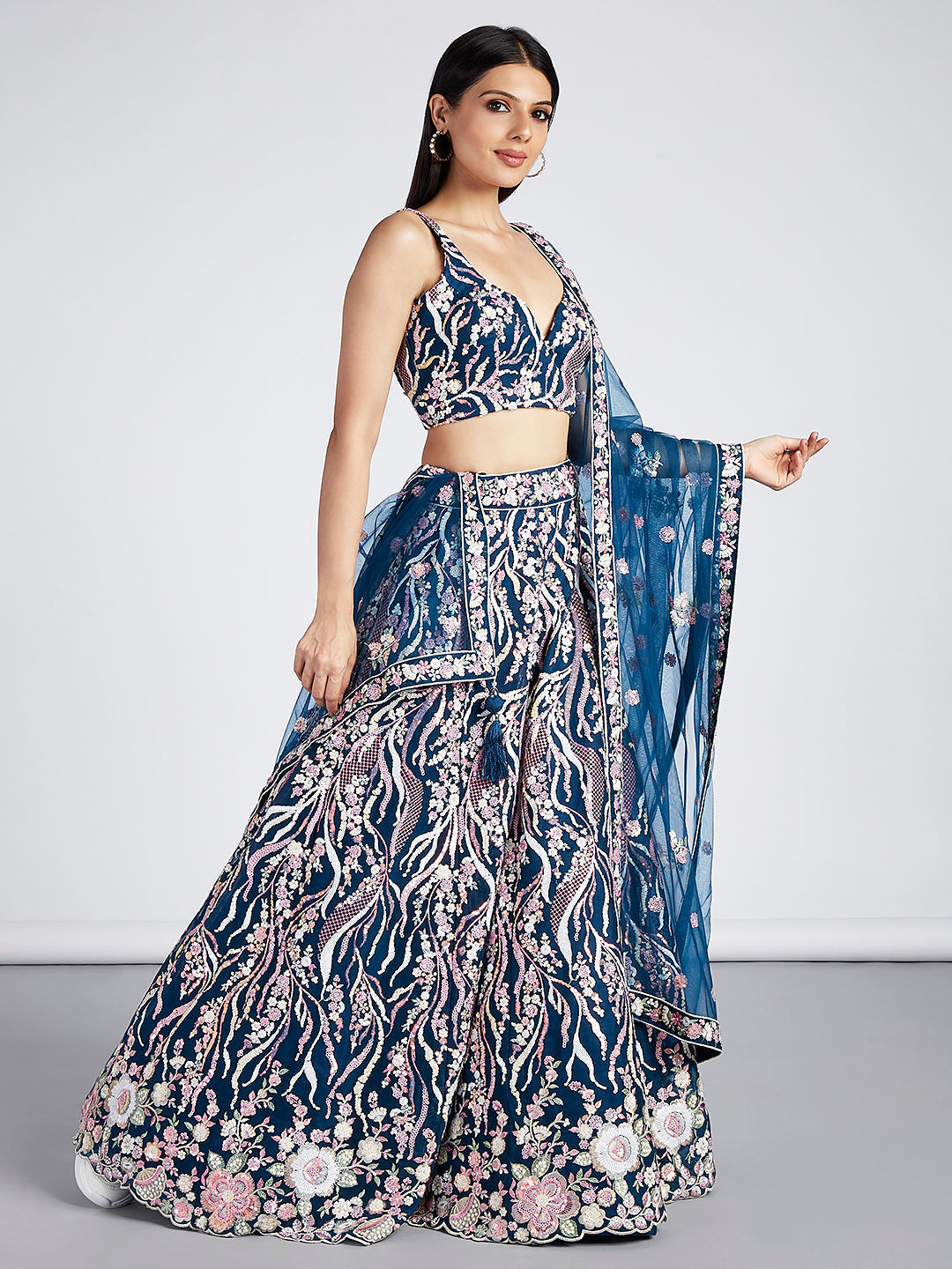 Navy Blue - Multi-Sequins & Thread Work Embroidery Net Semi-Stitched Lehenga - qivii