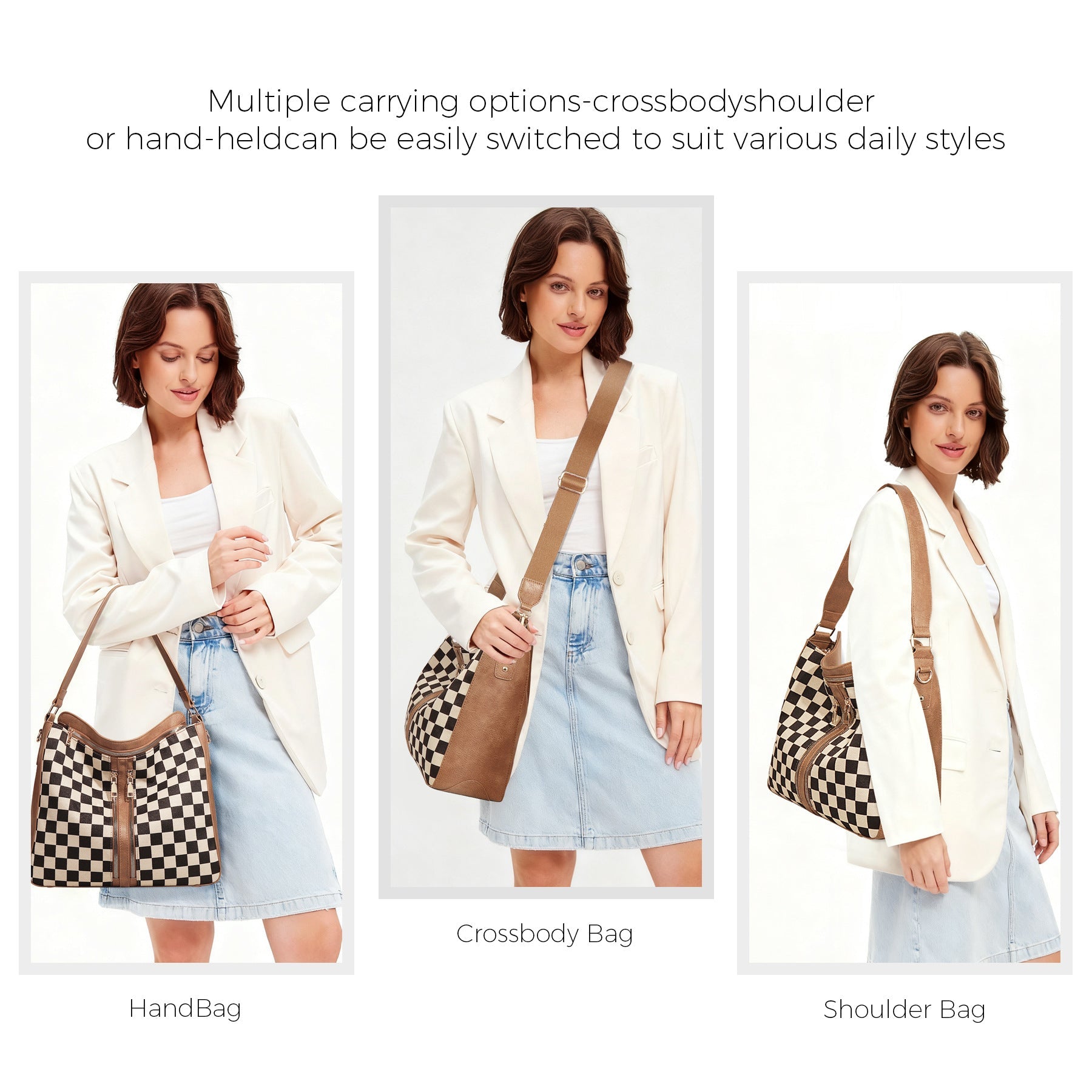 Ounamei Checkered Hobo Tote Bag with a Pouch for Women | PU Leather & Canvas Shoulder & Crossbody Handbag for Daily Use