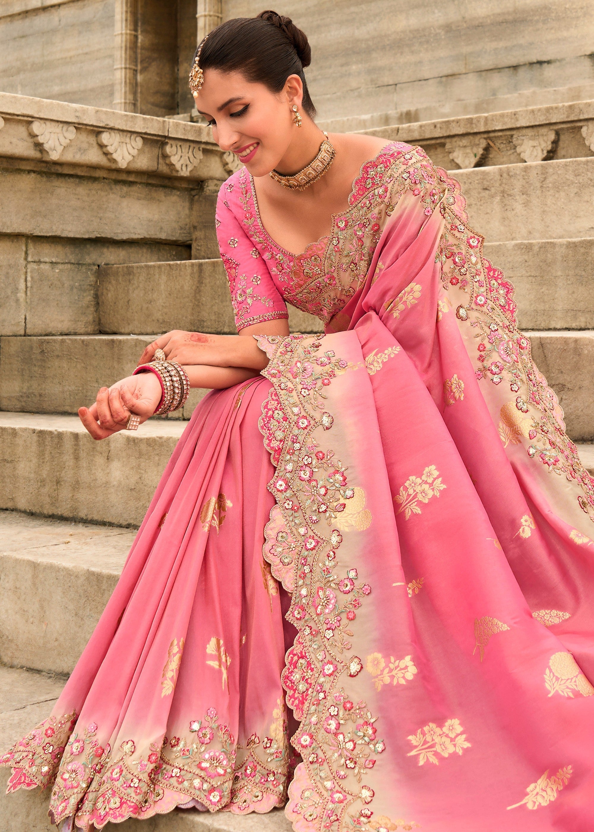 Blush Pink Viscose Tissue Silk Saree With Embroidery Cut Work Border And Sequence Work - qivii