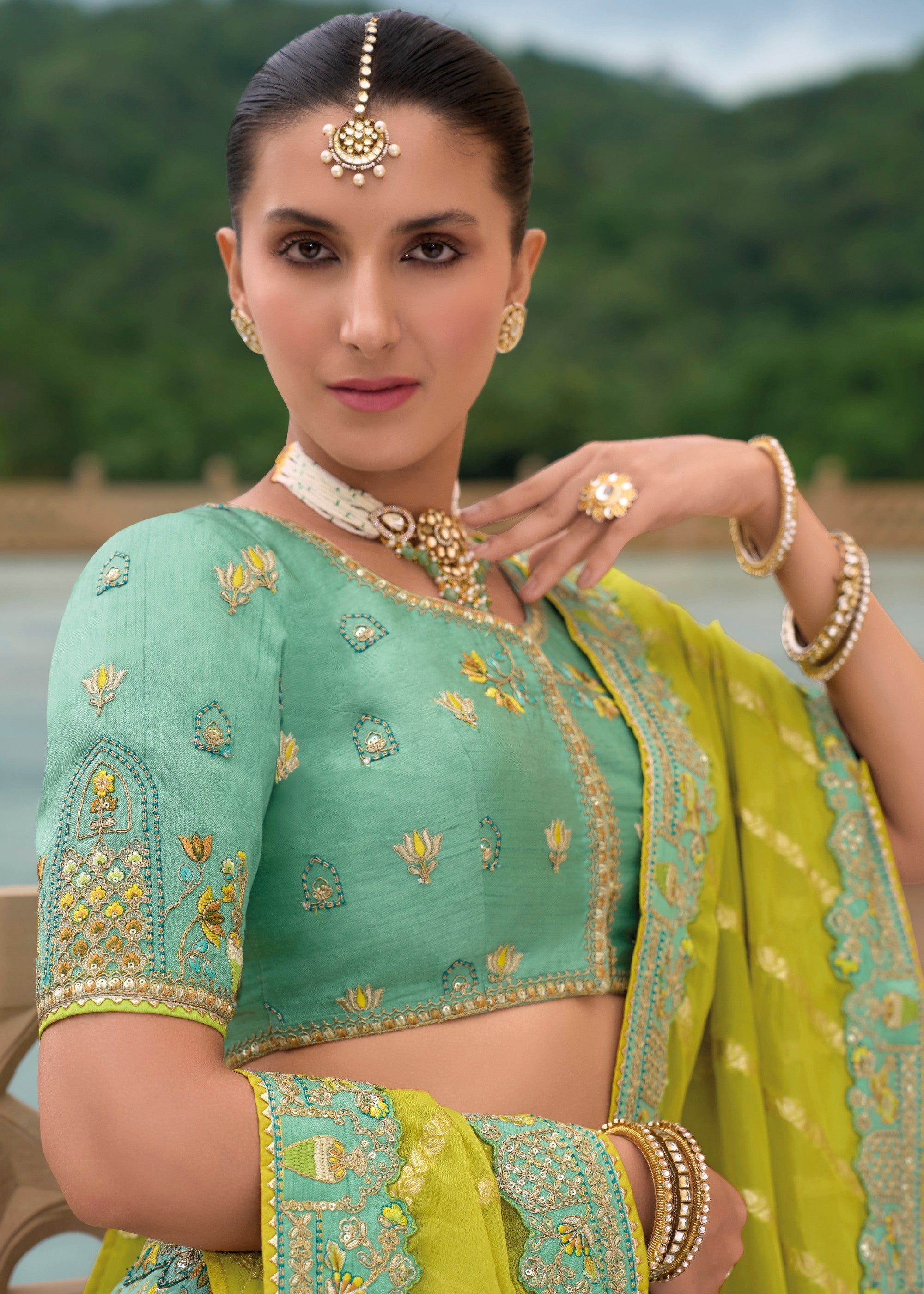 Mint Green Banarasi Silk Lehenga With Heavy Embroidery Work | Ready To Wear - qivii