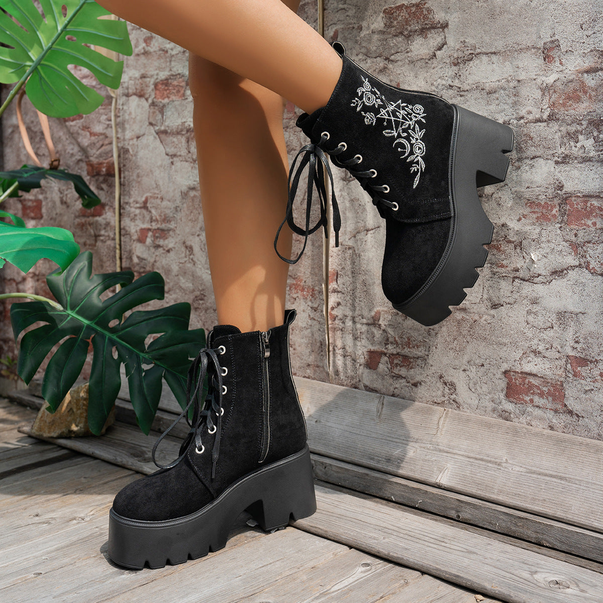Women's Elfin Platform Ankle Boots - Embroidered Chunky Heel Fall Winter Short Boots (US 4-10)