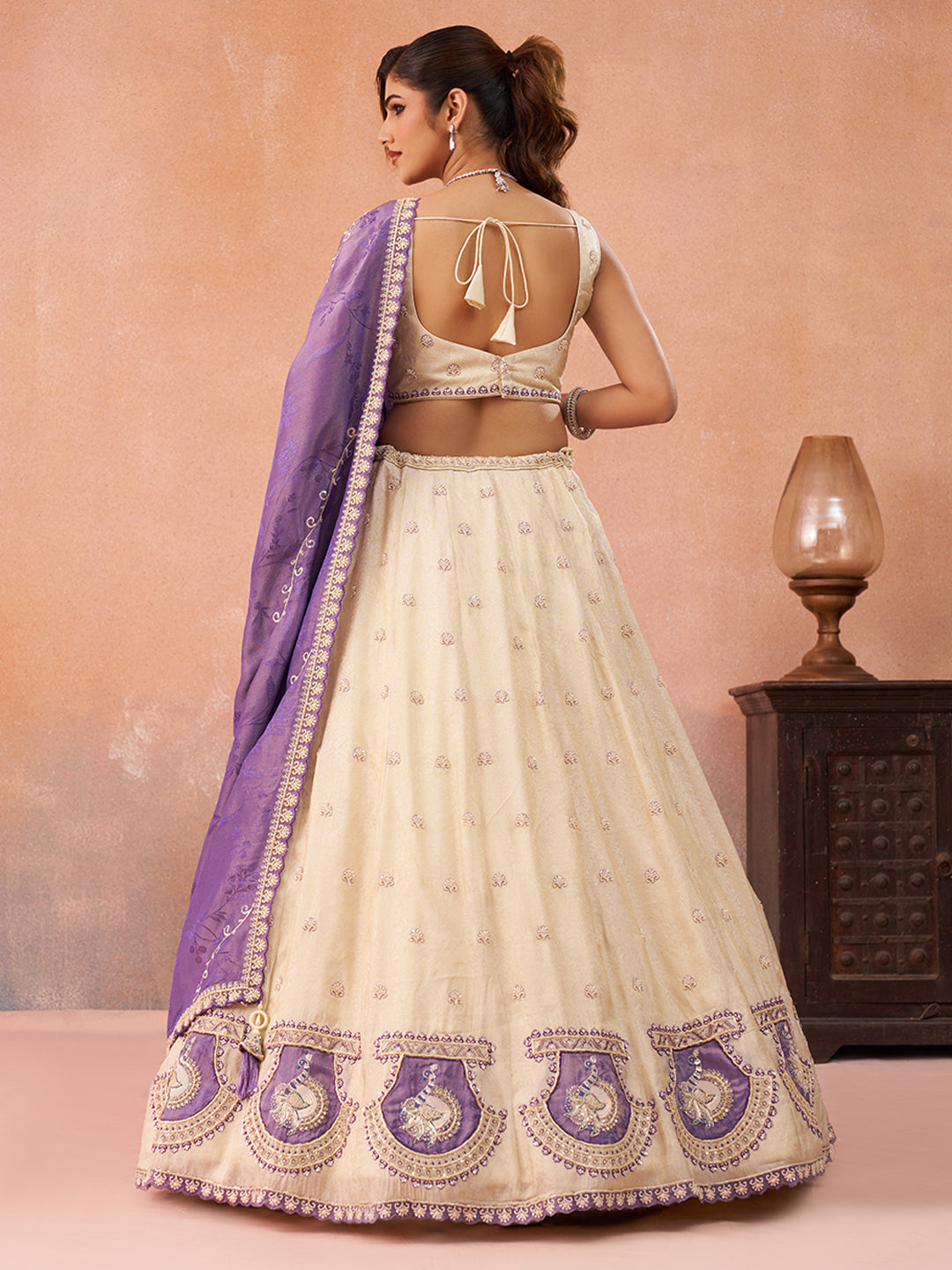 Cream Jacquard Heavy Beads with Sequins Embroidered Lehenga Set