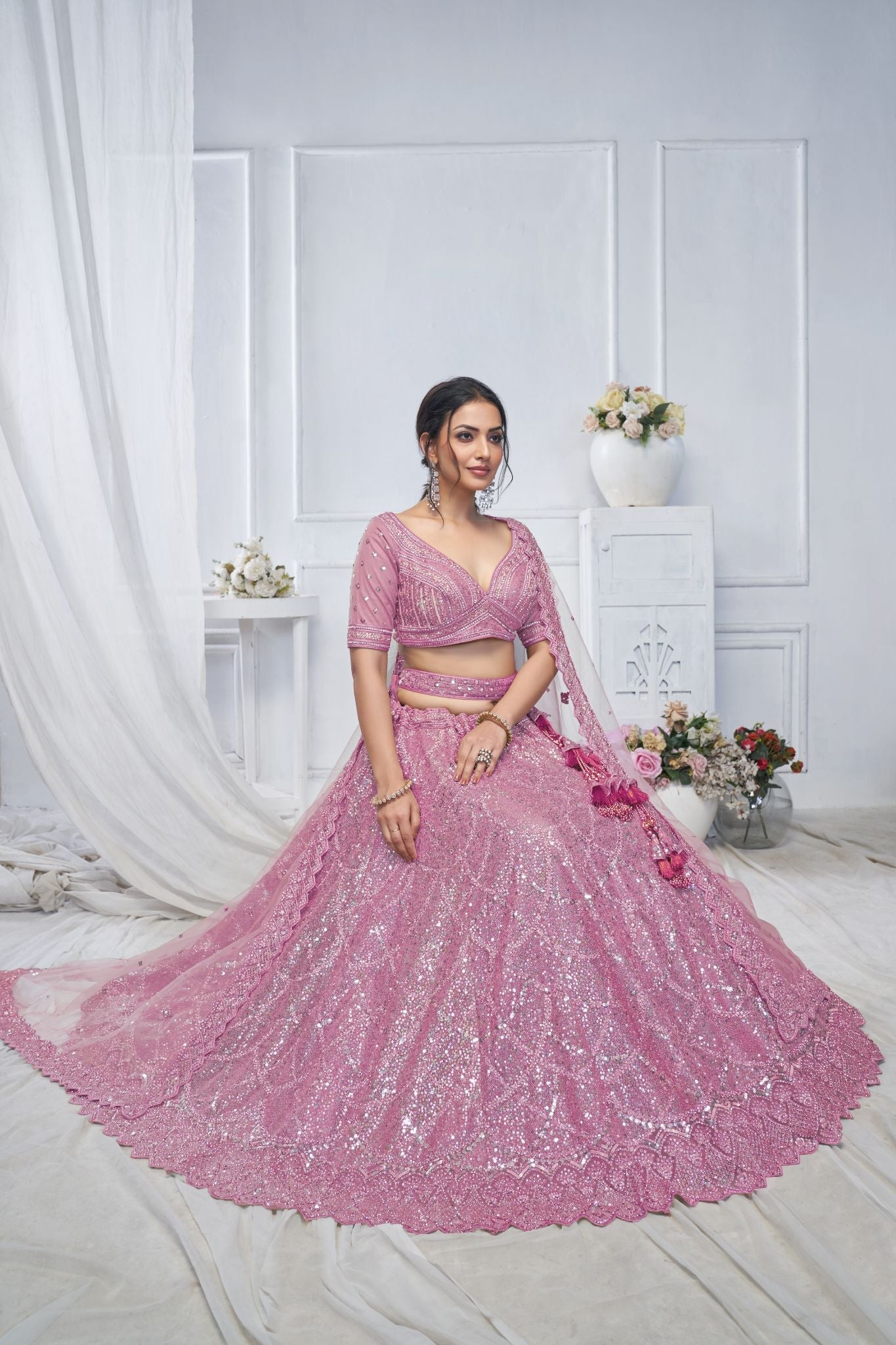 Alluring Purple Sequins Net Bridesmaid Lehenga Choli With Dupatta - qivii