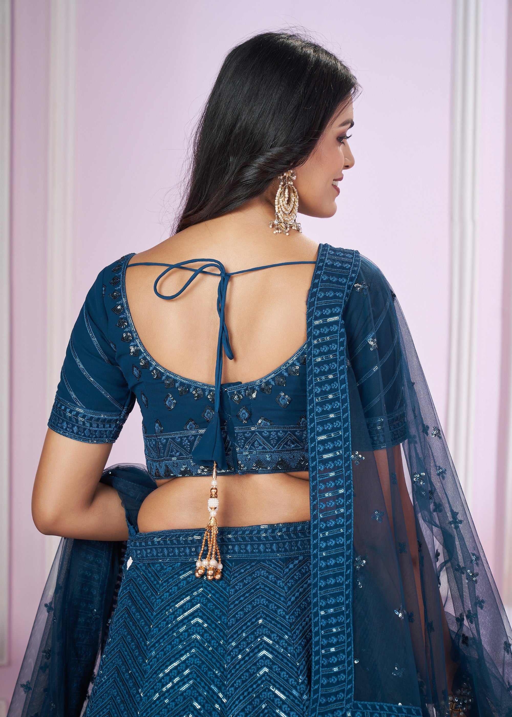 Teal Blue Georgette Lehenga Choli With Sequins And Thread Embroidery Work | Ready To Wear - qivii