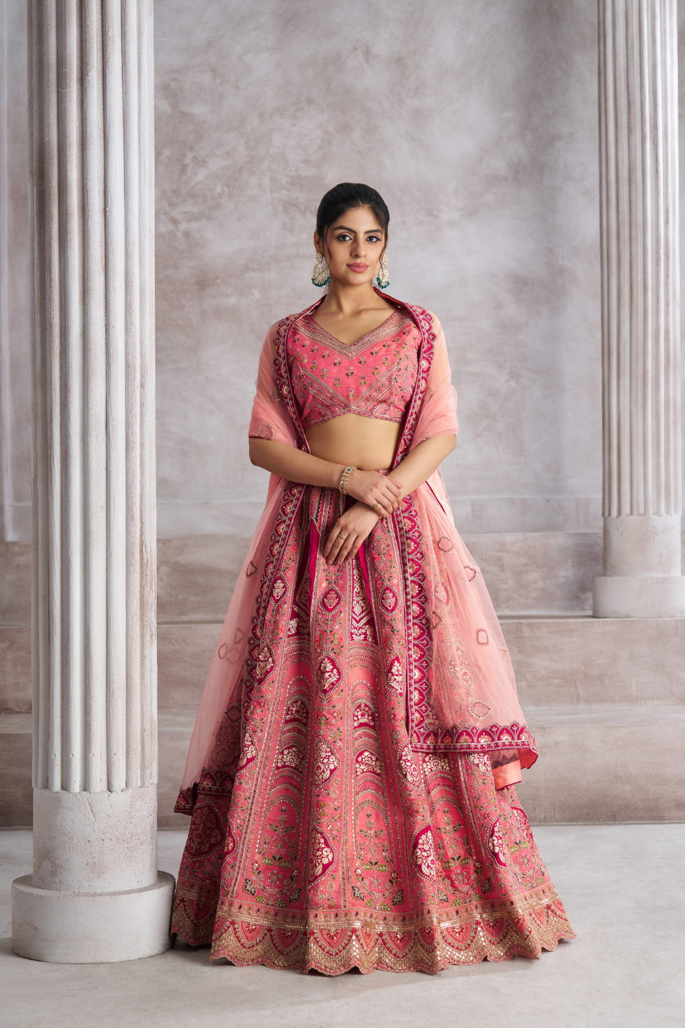Pink Aari Embroidered Banarasi Wedding Lehenga - qivii