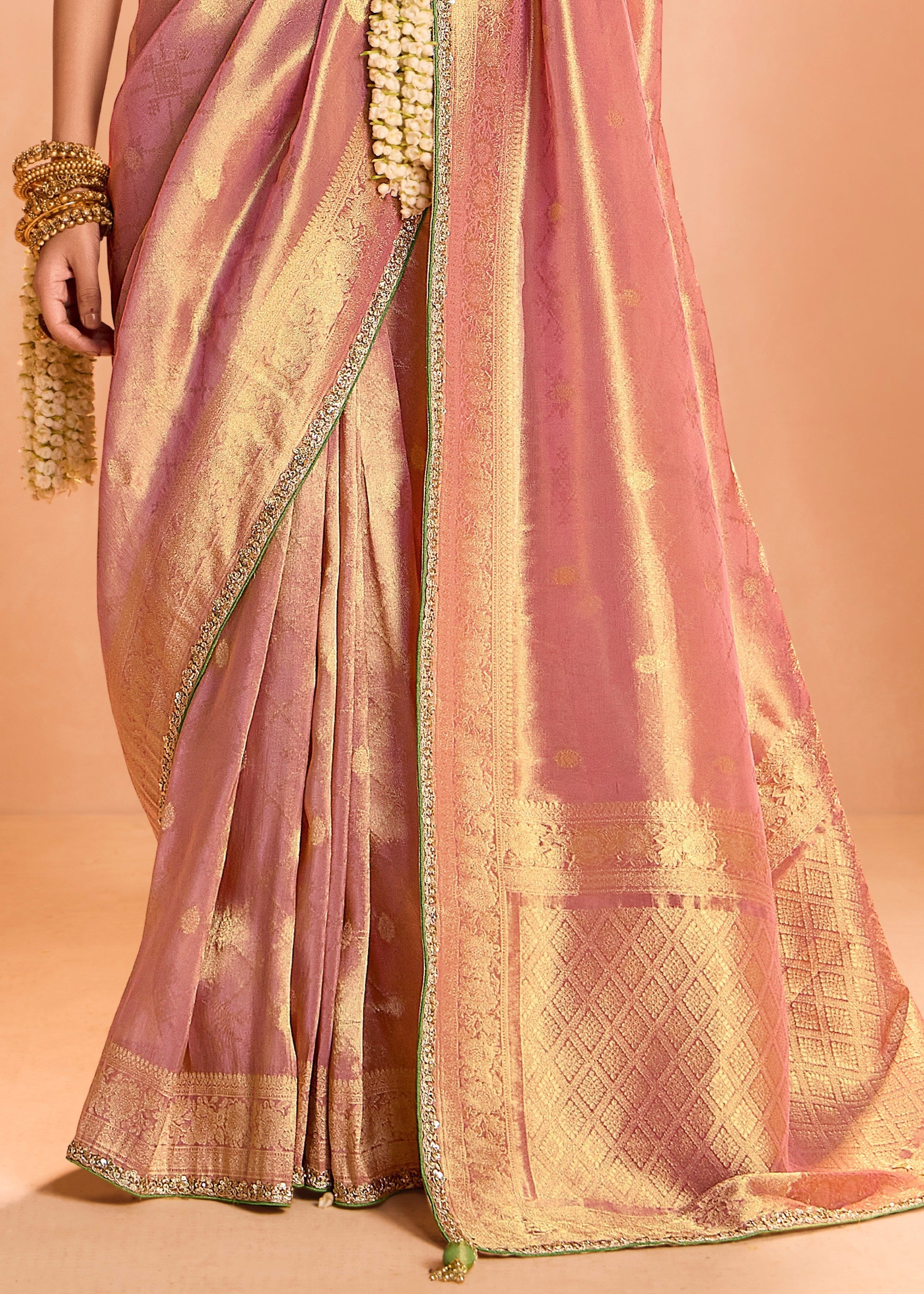 Rose Pink Zari Tissue Silk Saree With Weaving Work And Heavy Embroidery Lace : Top Pick - qivii