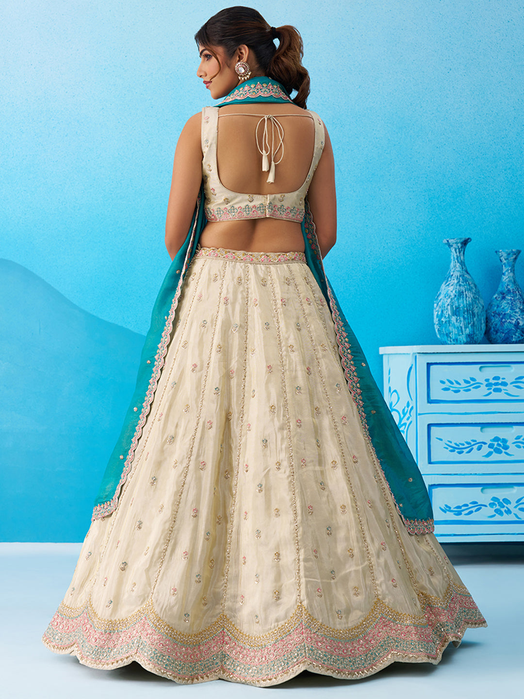 Teal Tissue Sequins Embroidered Lehenga Set