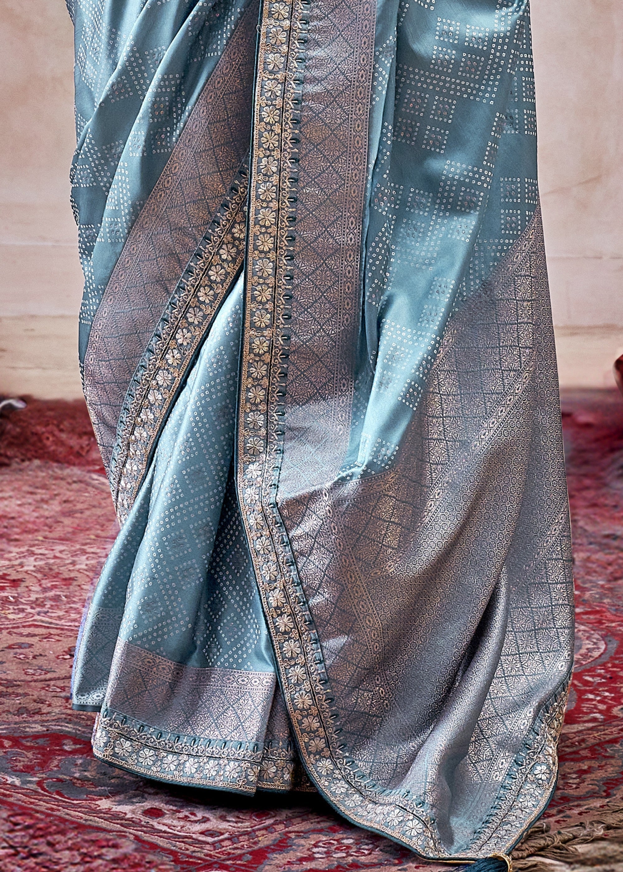 French Blue Satin Silk Saree With Heavy Embroidery Lace & Blouse - qivii
