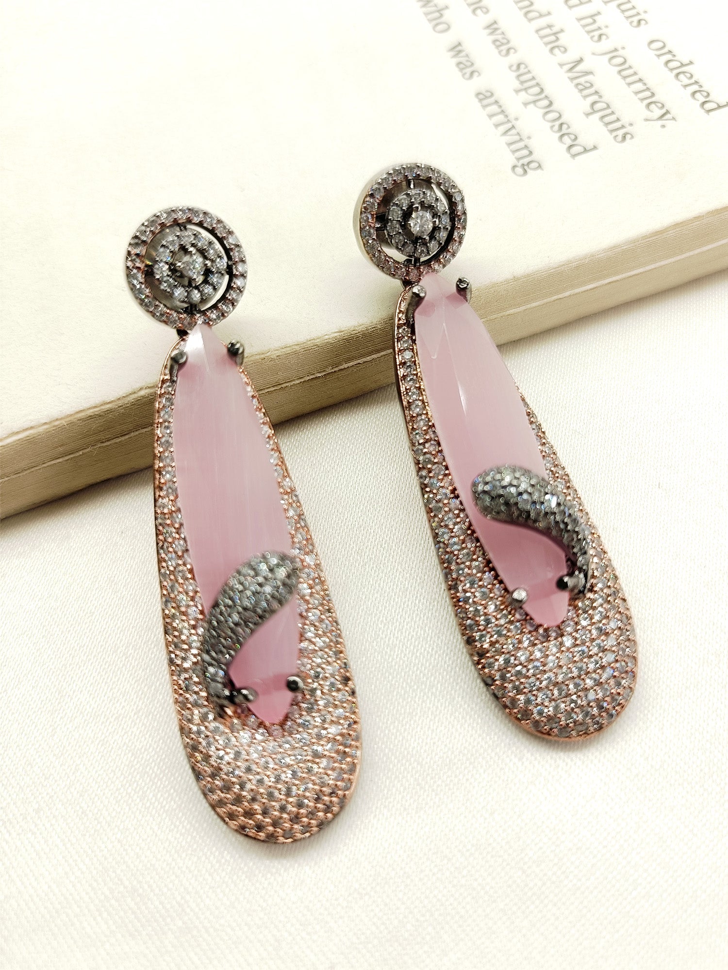 Mayuri Diamond Work Baby Pink Victorian Earrings with long pear shape pink colour stone dangling from silver and rose gold plated brass metal