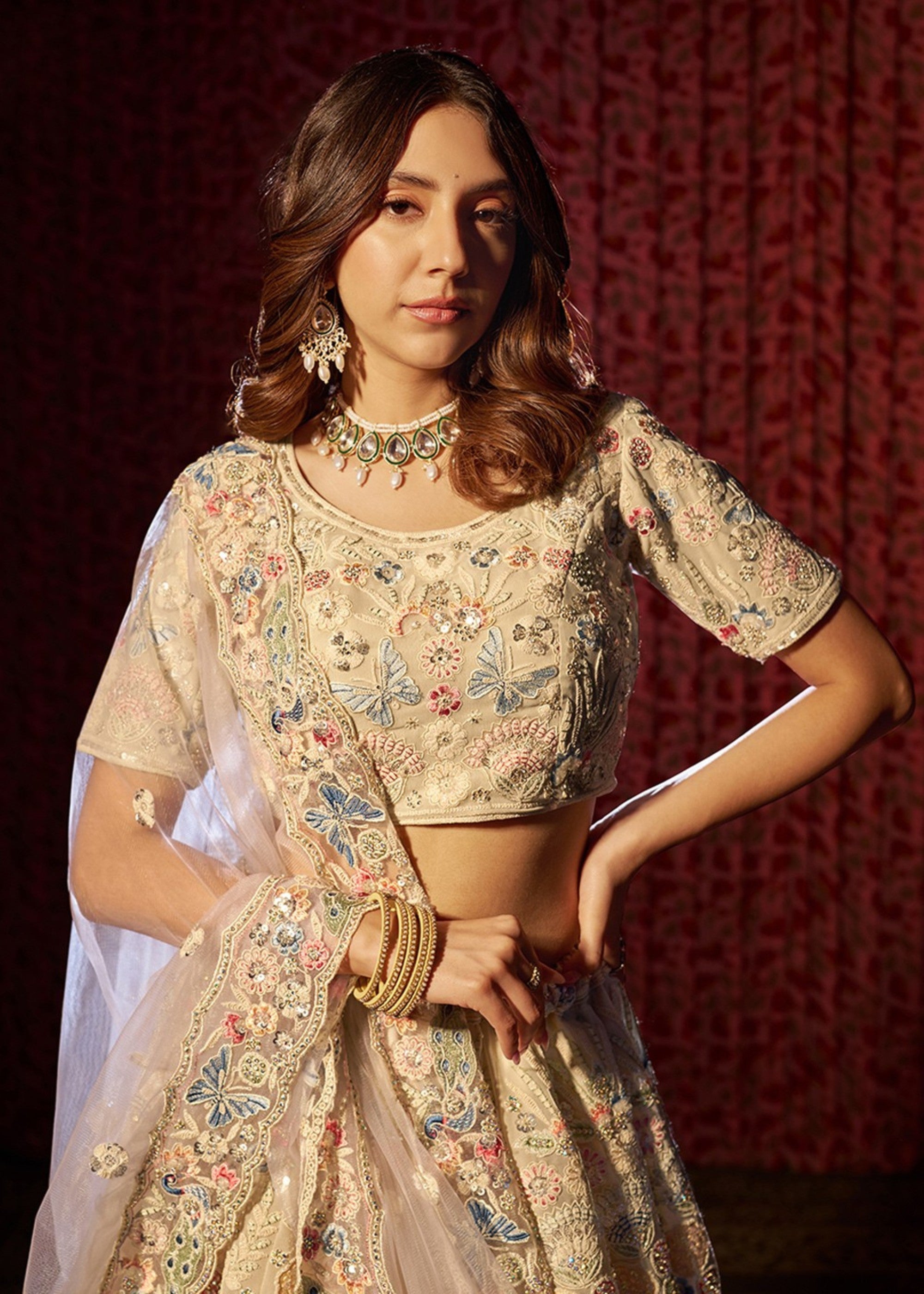 White Dori Sequins Thread work Georgette Lehenga | Ready To Wear - qivii