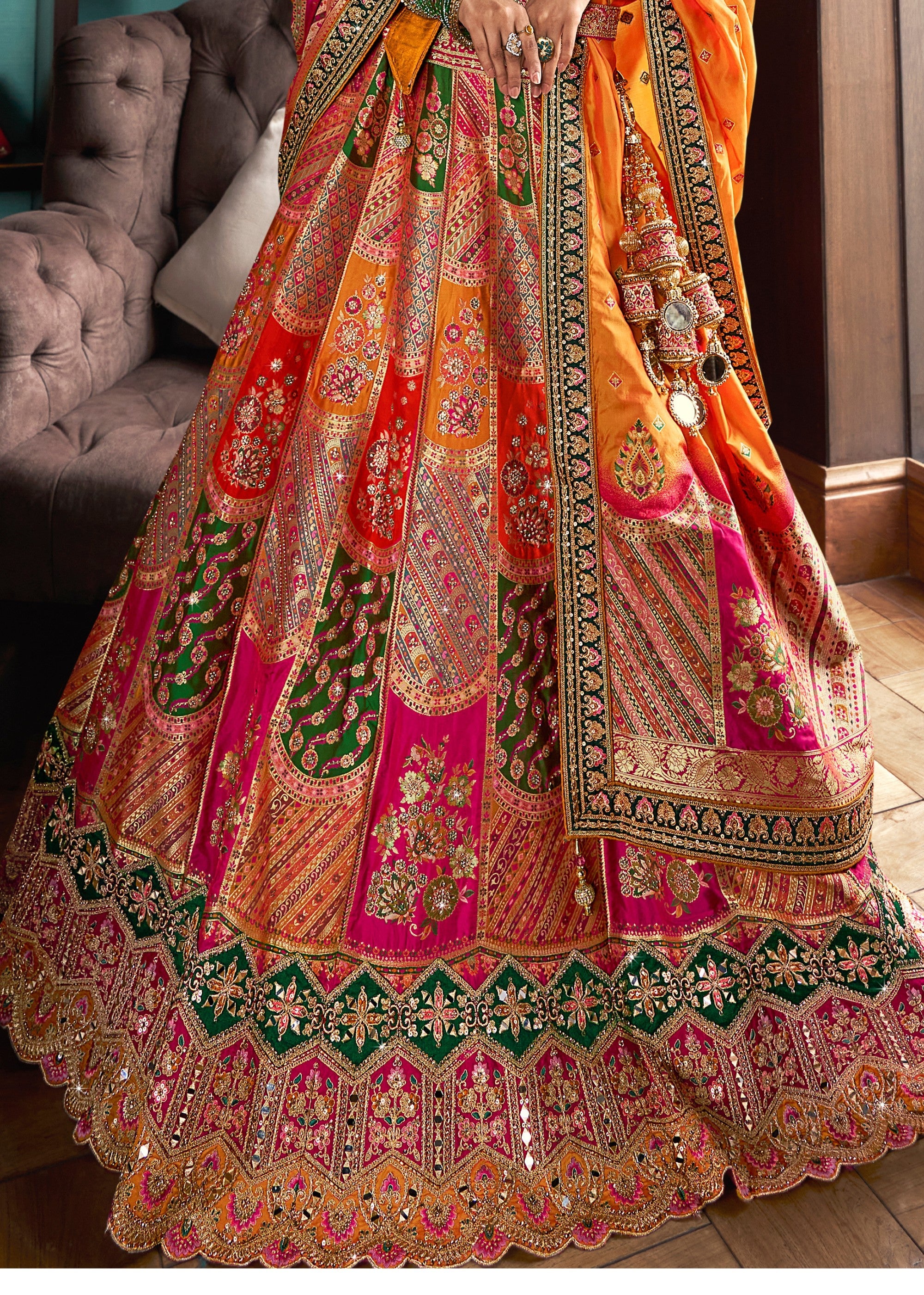 Green & Yellow Banarasi Silk Lehenga with Zarkan Codding work | Ready To Wear - qivii