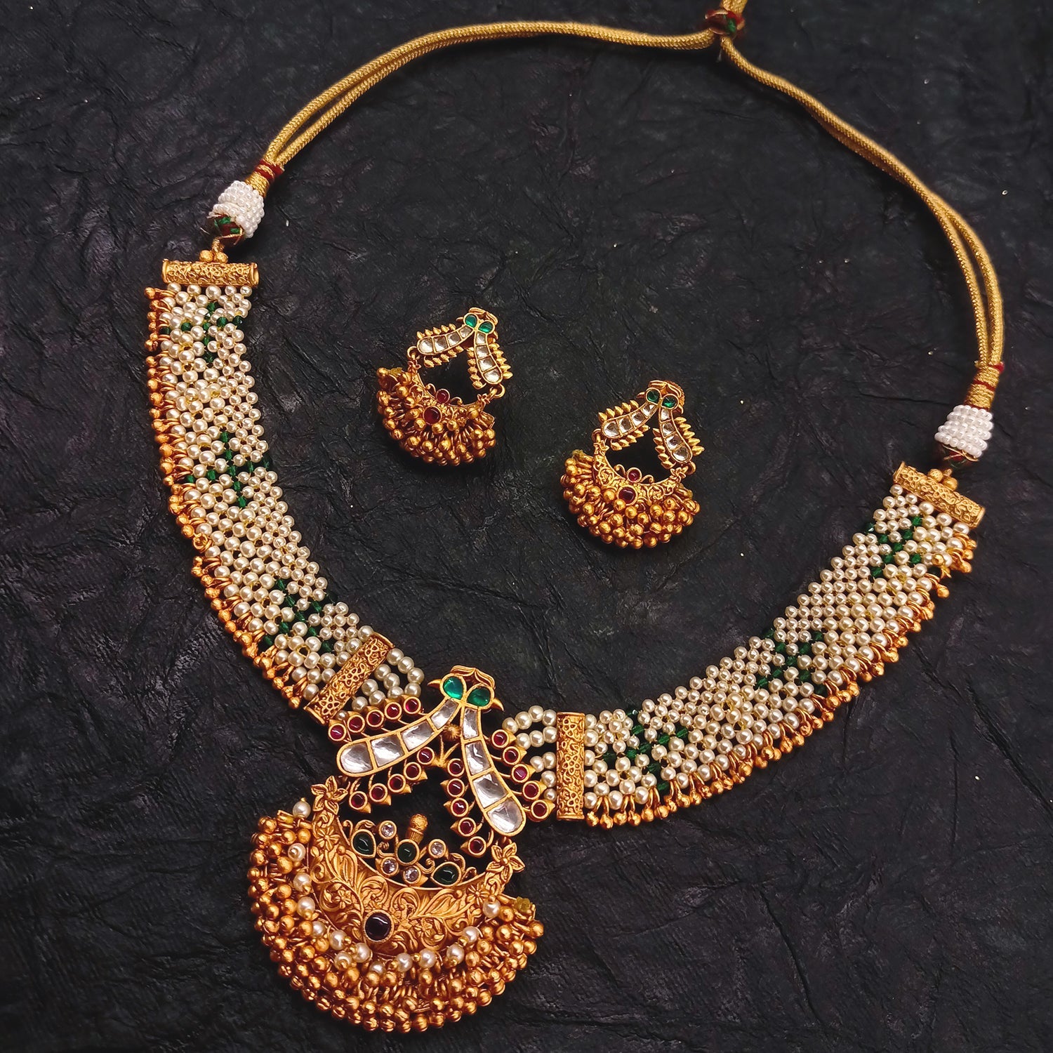 Adrika Rose Pink & Green Stone Temple Work Gold Plated Antique Set - qivii