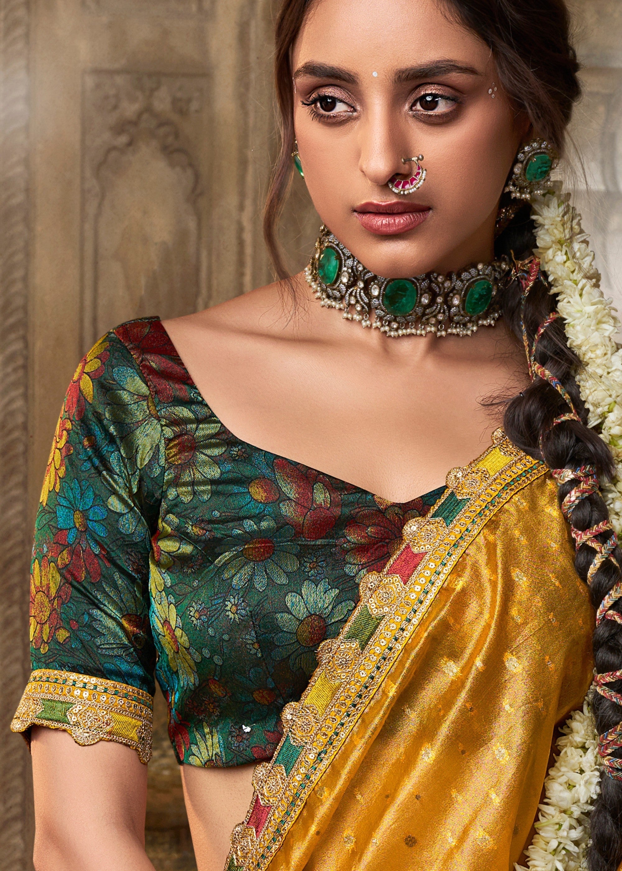 Tuscany Yellow Tissue Silk Saree With Multicolored Lace & Designer Blouse - qivii