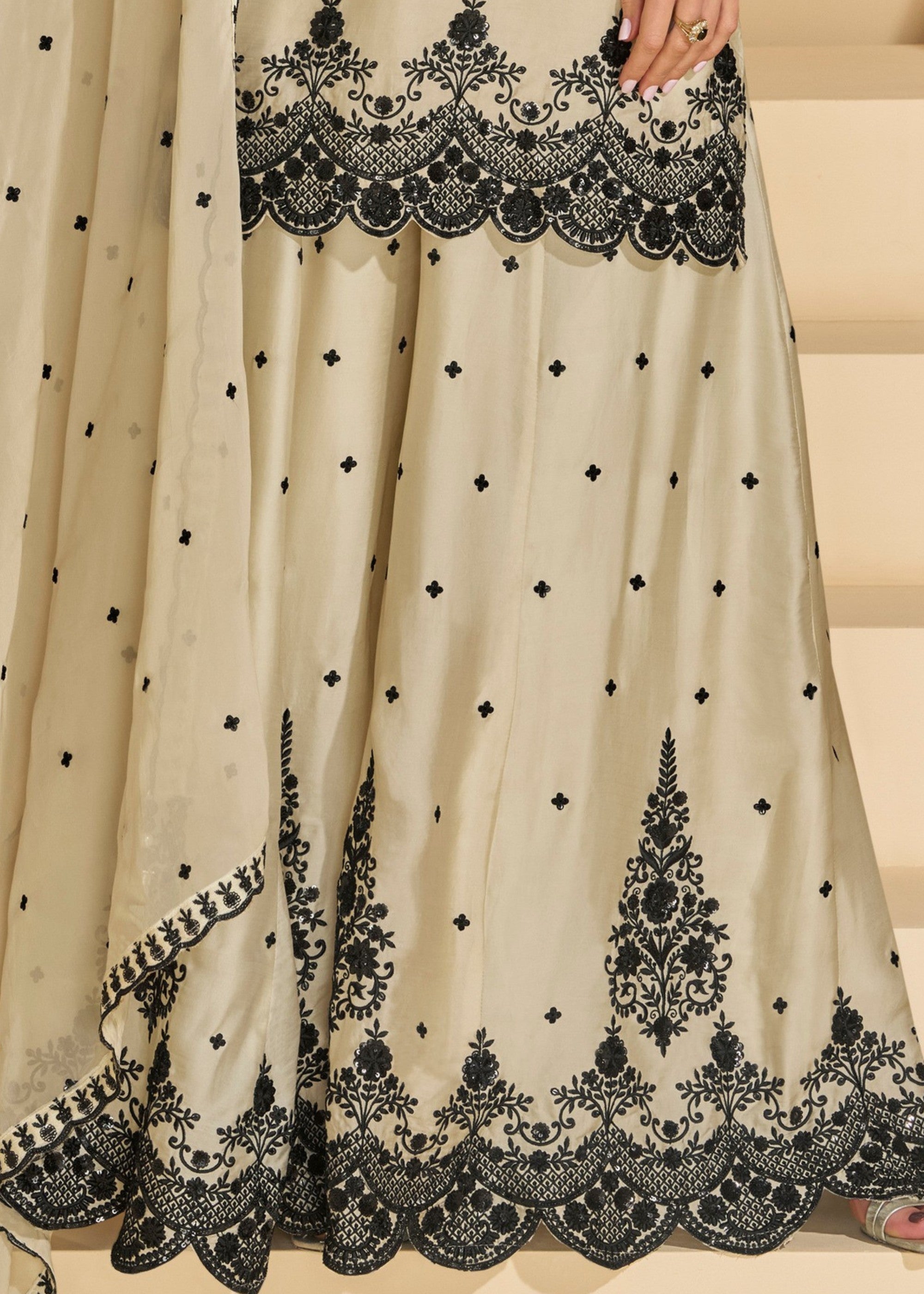 Creamy White Premium Real Chinnon Silk Heavy Look Salwar Suit - qivii