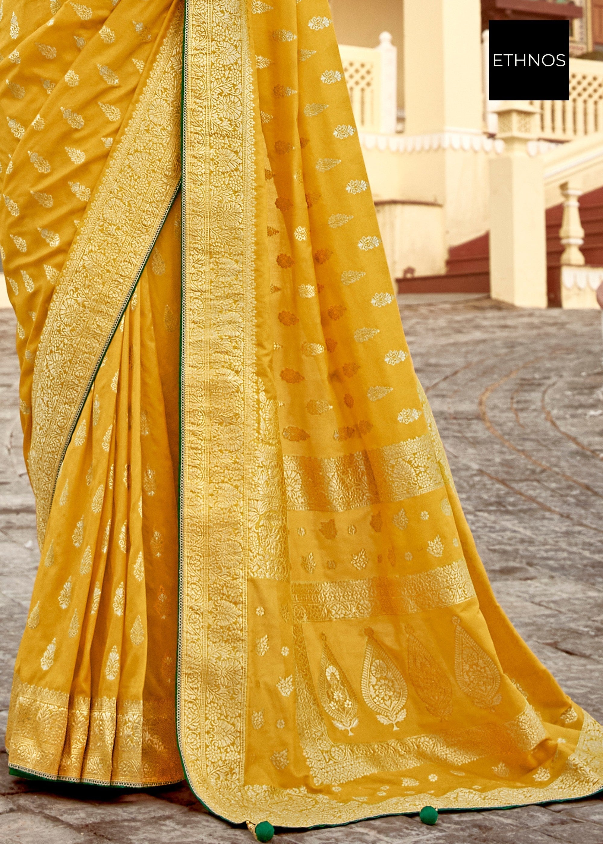 Canary Yellow Dola Silk Saree Embellished With Weaving Work And Heavy Embroidered Blouse - qivii