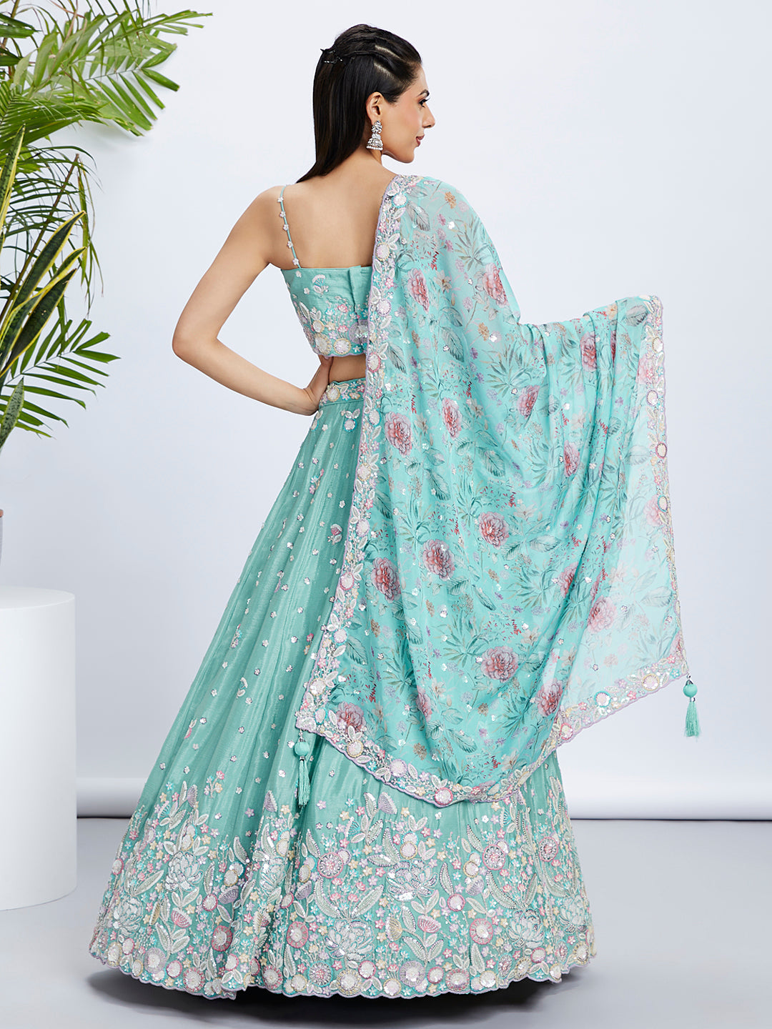 Seagreen - Multi Color Chiffon Embroidered using Sequins,Thread & Coding Semi-Stitched Lehenga choli - qivii