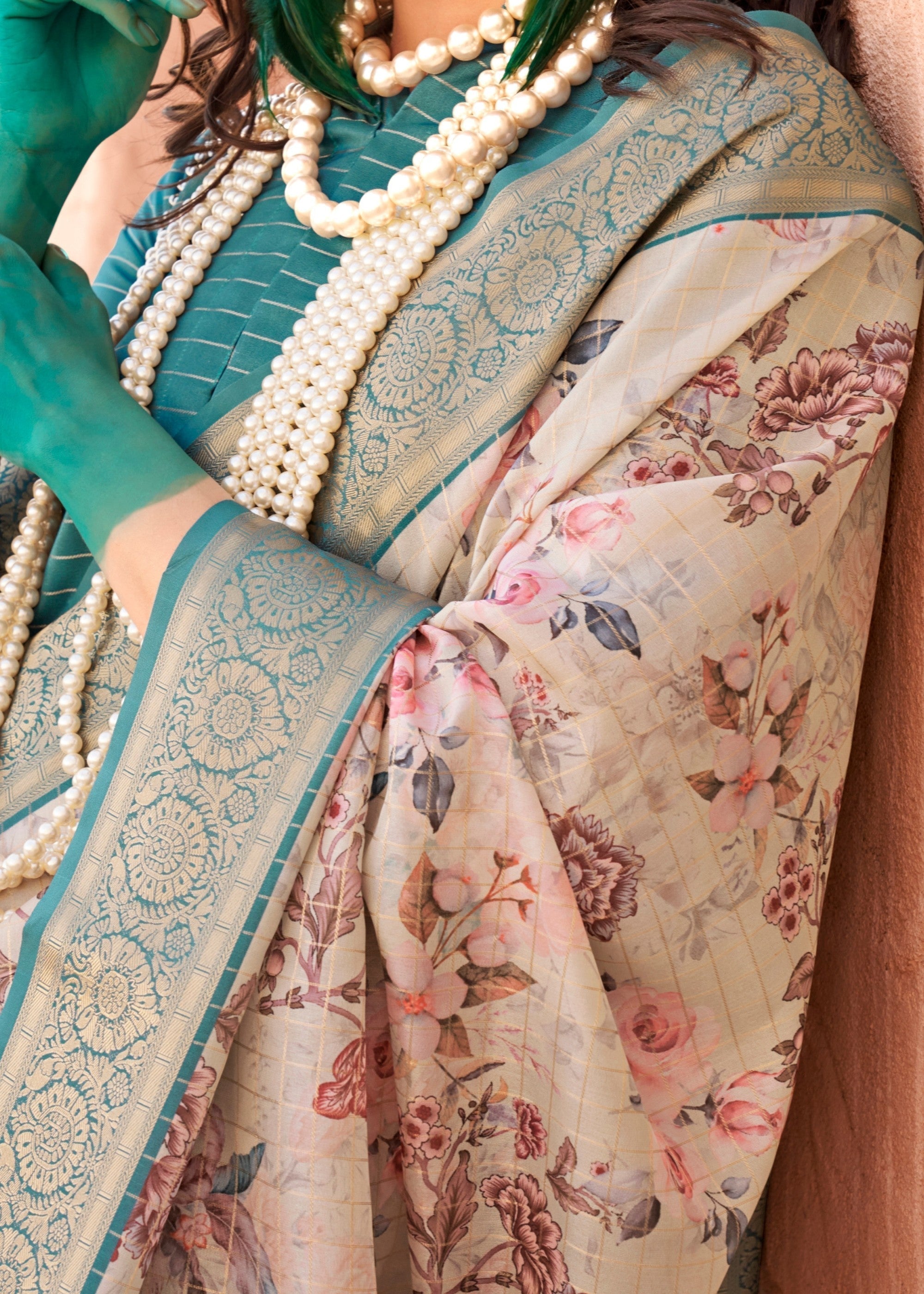 Green & Lavender Printed Handloom Georgette Saree - qivii