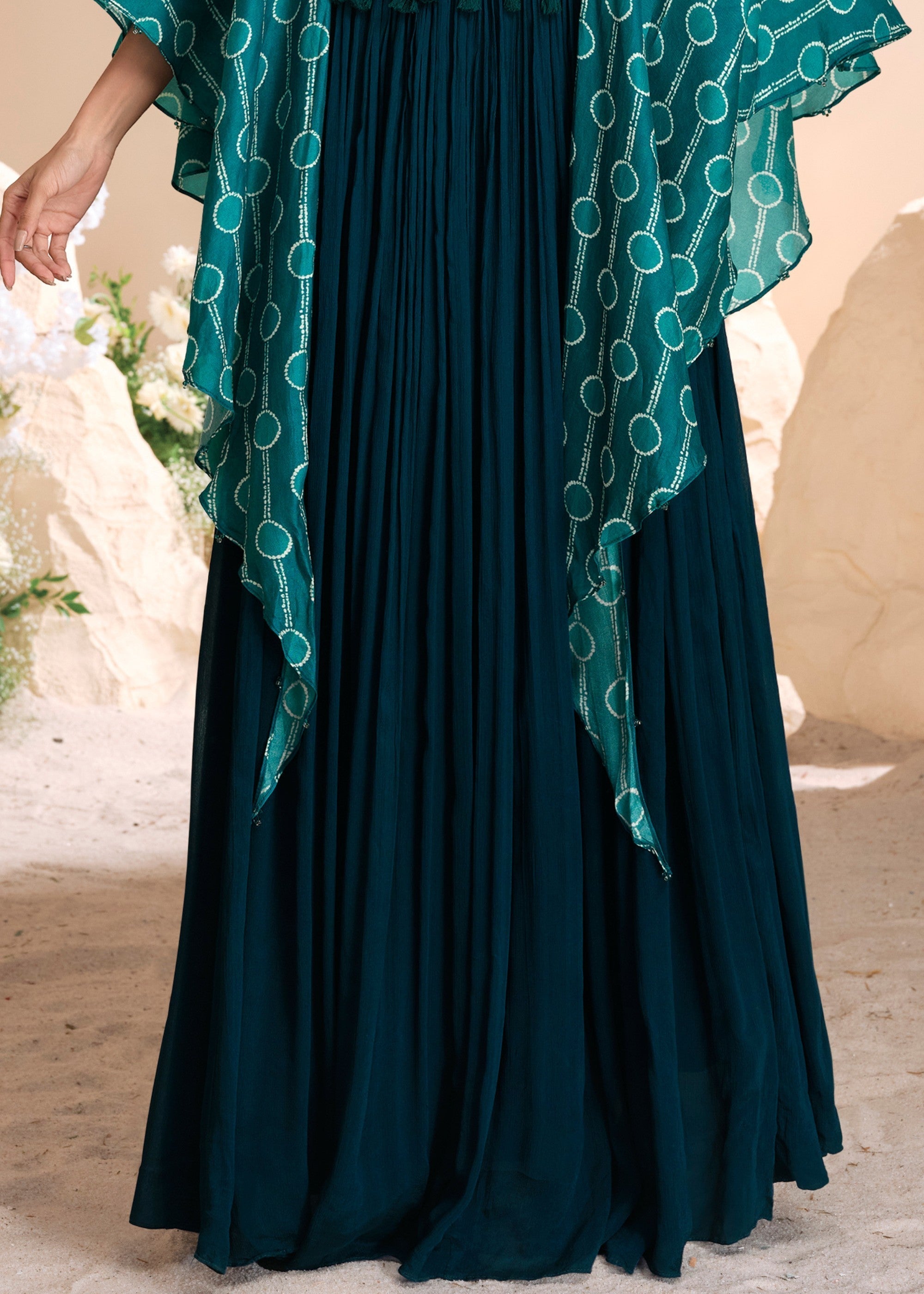 Prussian Blue Moti Embroidered Chinon Silk Gown With Digital Sleeves - qivii