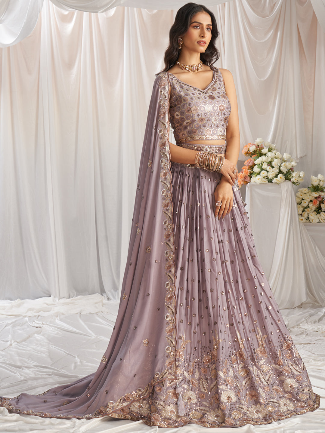 Lavender - Golden Dull-Bright Sequin,Golden-Sliver Threaded Embroidered Georgette Semi-Stitched Lehenga choli - qivii