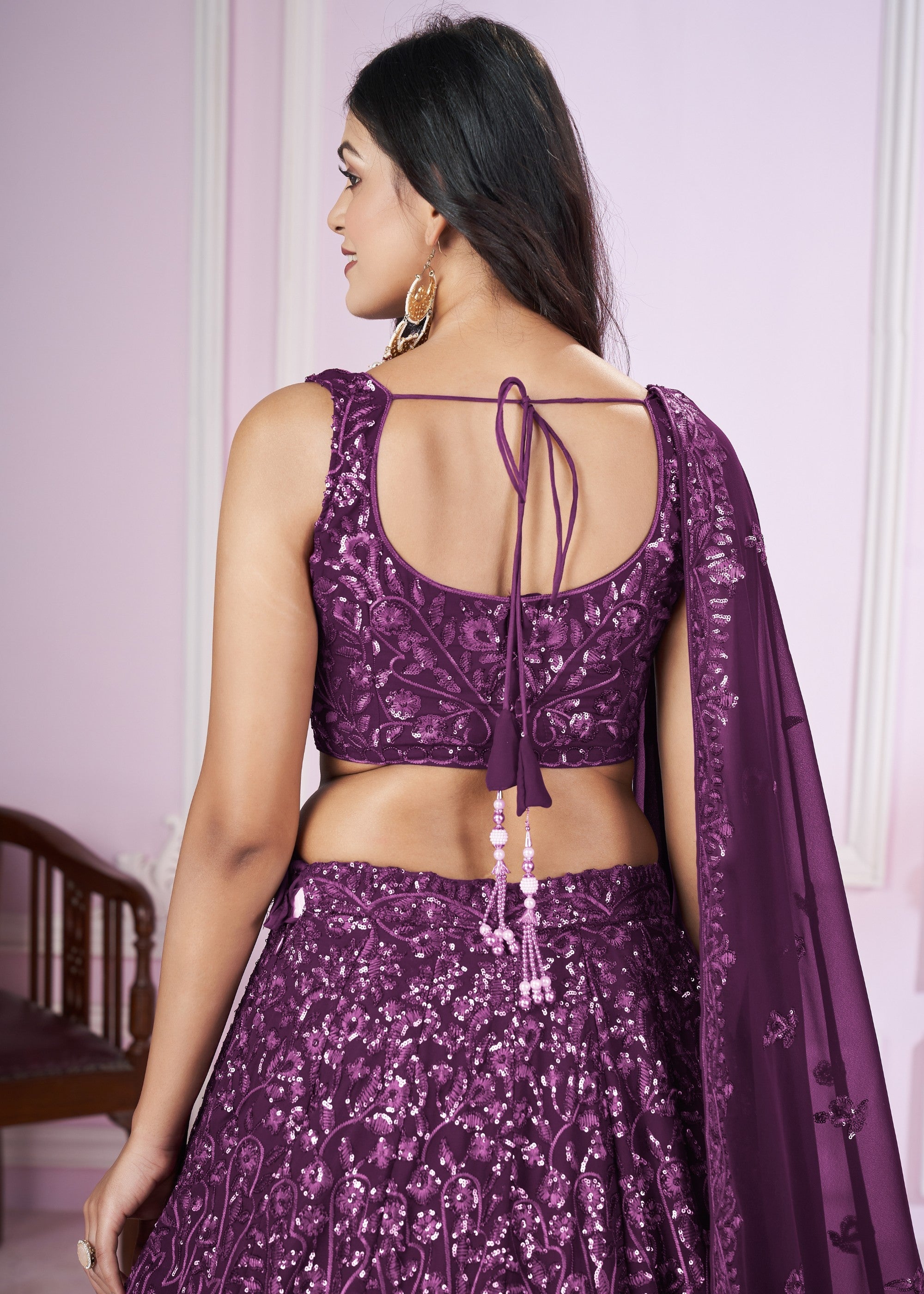 Mulberry Purple Georgette Lehenga Choli With Sequins And Thread Embroidery Work | Ready To Wear - qivii