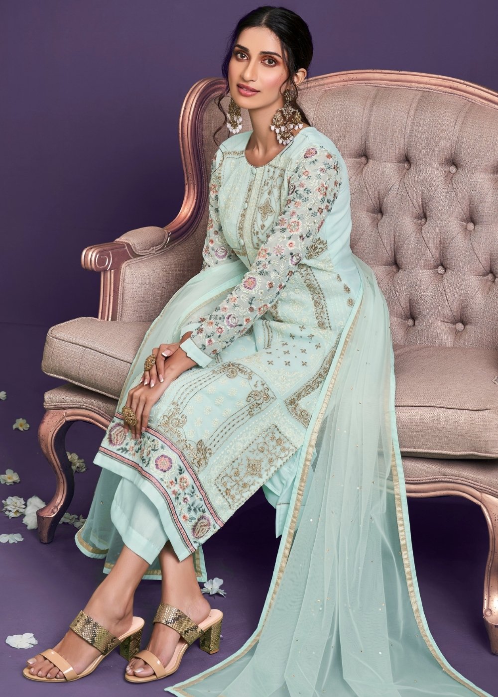 Sky Blue Georgette Salwar Suit with Thread, Zari & Sequence work - qivii