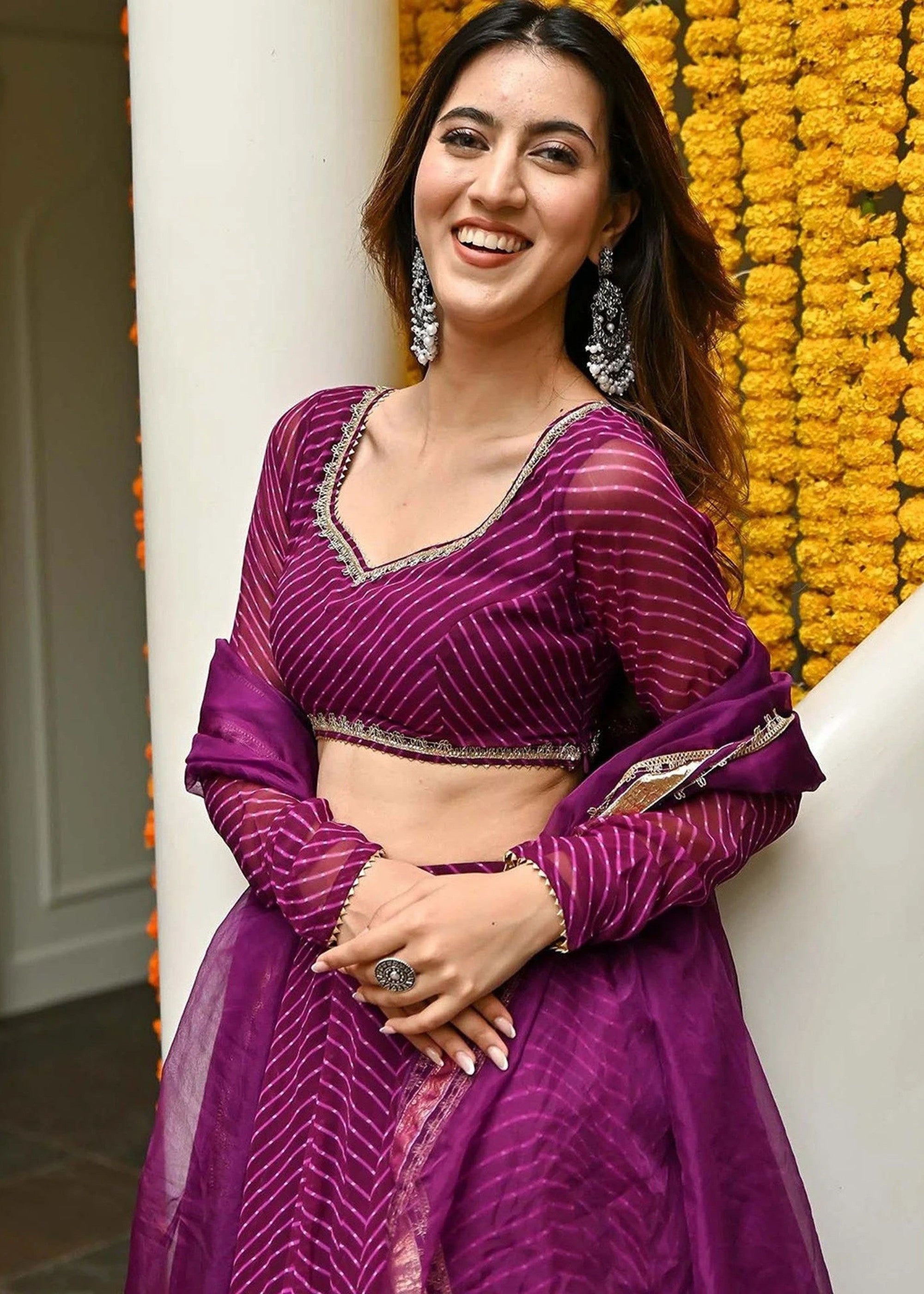 Grape Purple Georgette Leheriya Print Lehenga With Zari And Lace Work | Ready To Wear - qivii