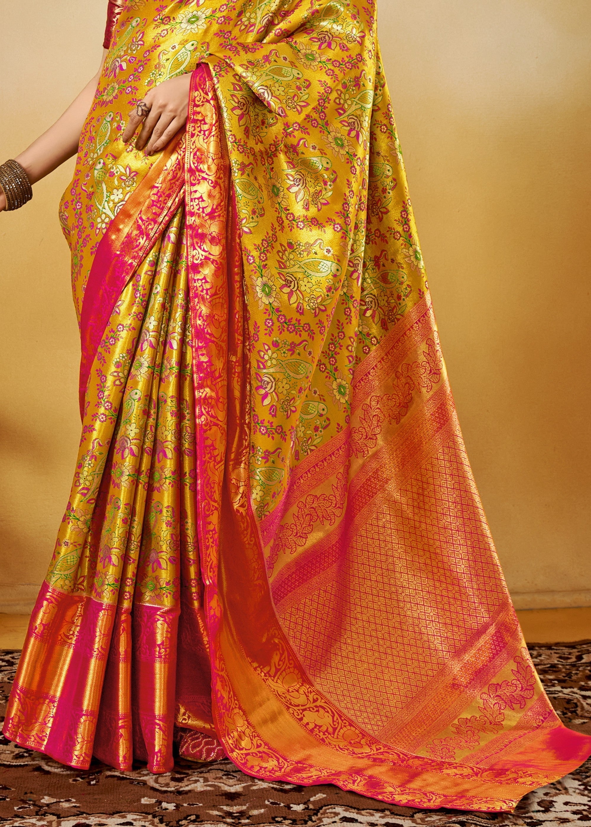 Yellow and Orange Handloom Dharamavaram Silk Saree - qivii