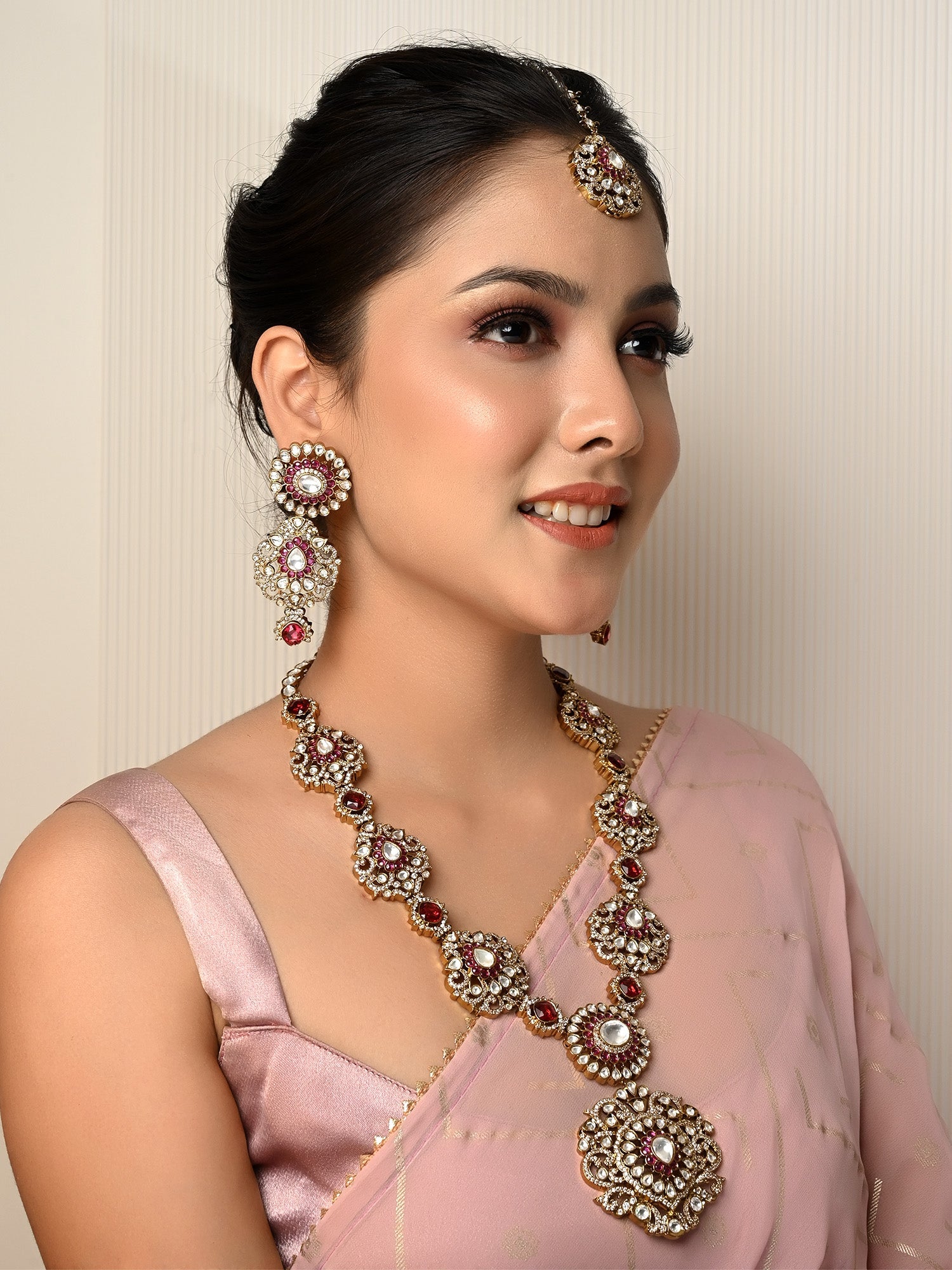 Bishakha Ruby Kundan Polki long Necklace Set - qivii