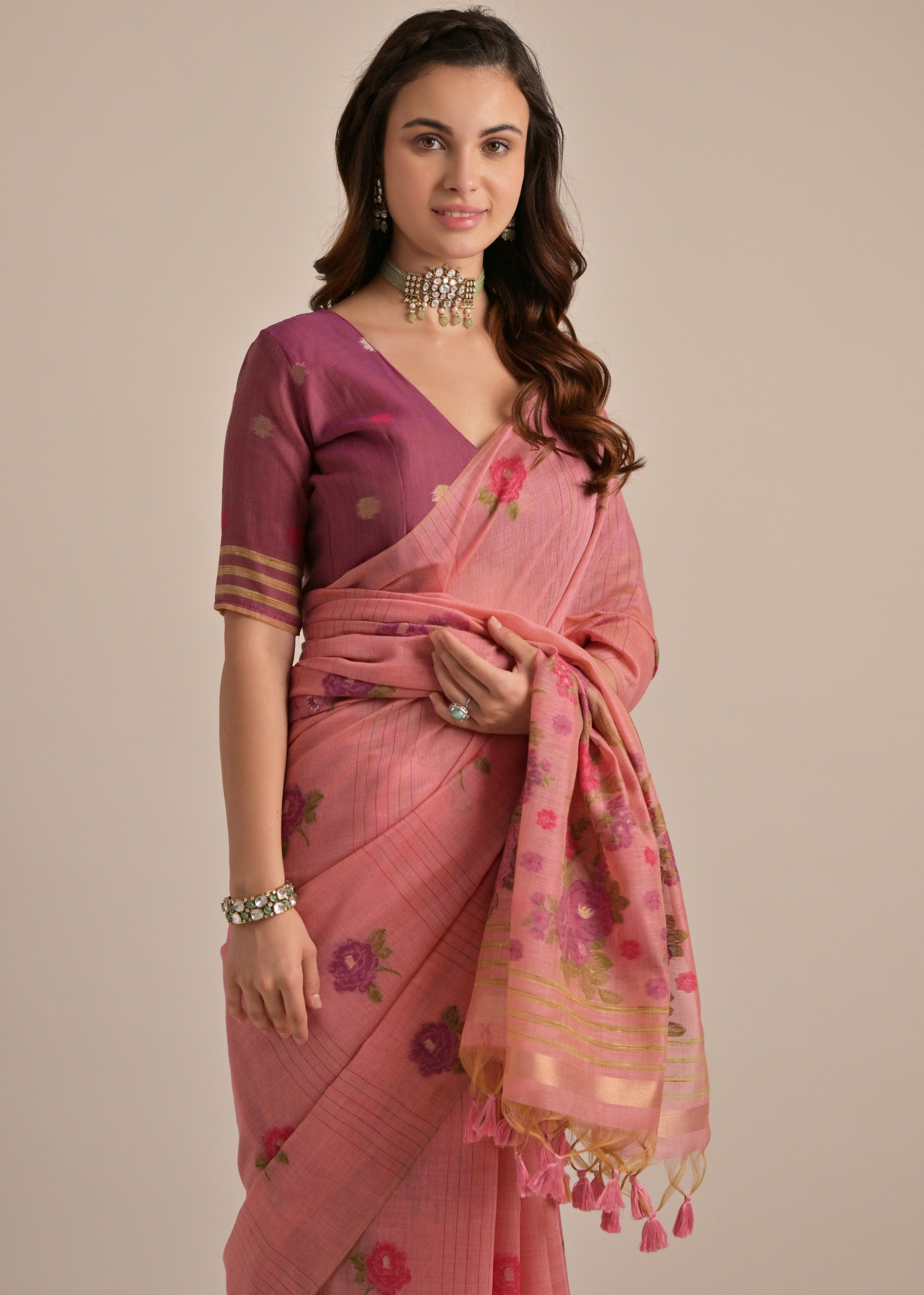 Coral Pink Thread Woven Cotton Saree With Contrast Blouse - qivii