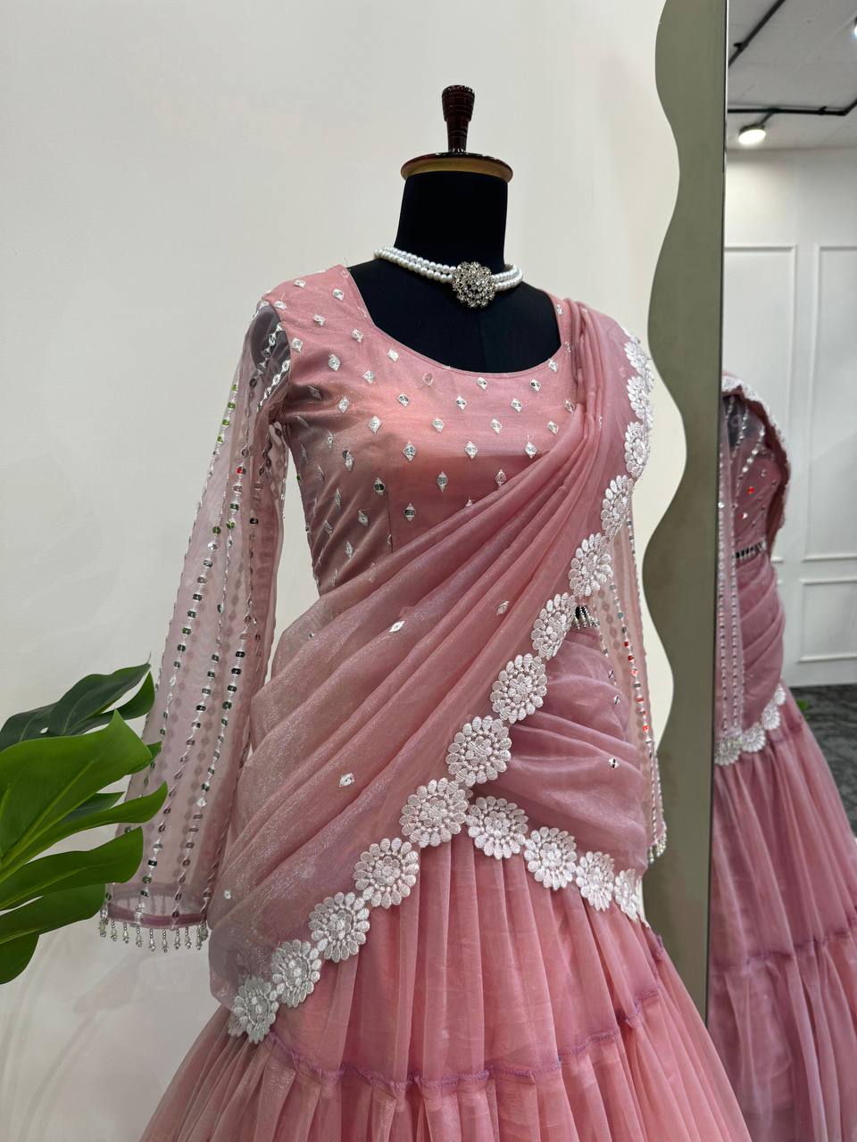 Pink Twil Orgnza micro Reday to wear Lehengha saree - INSPIRED - qivii