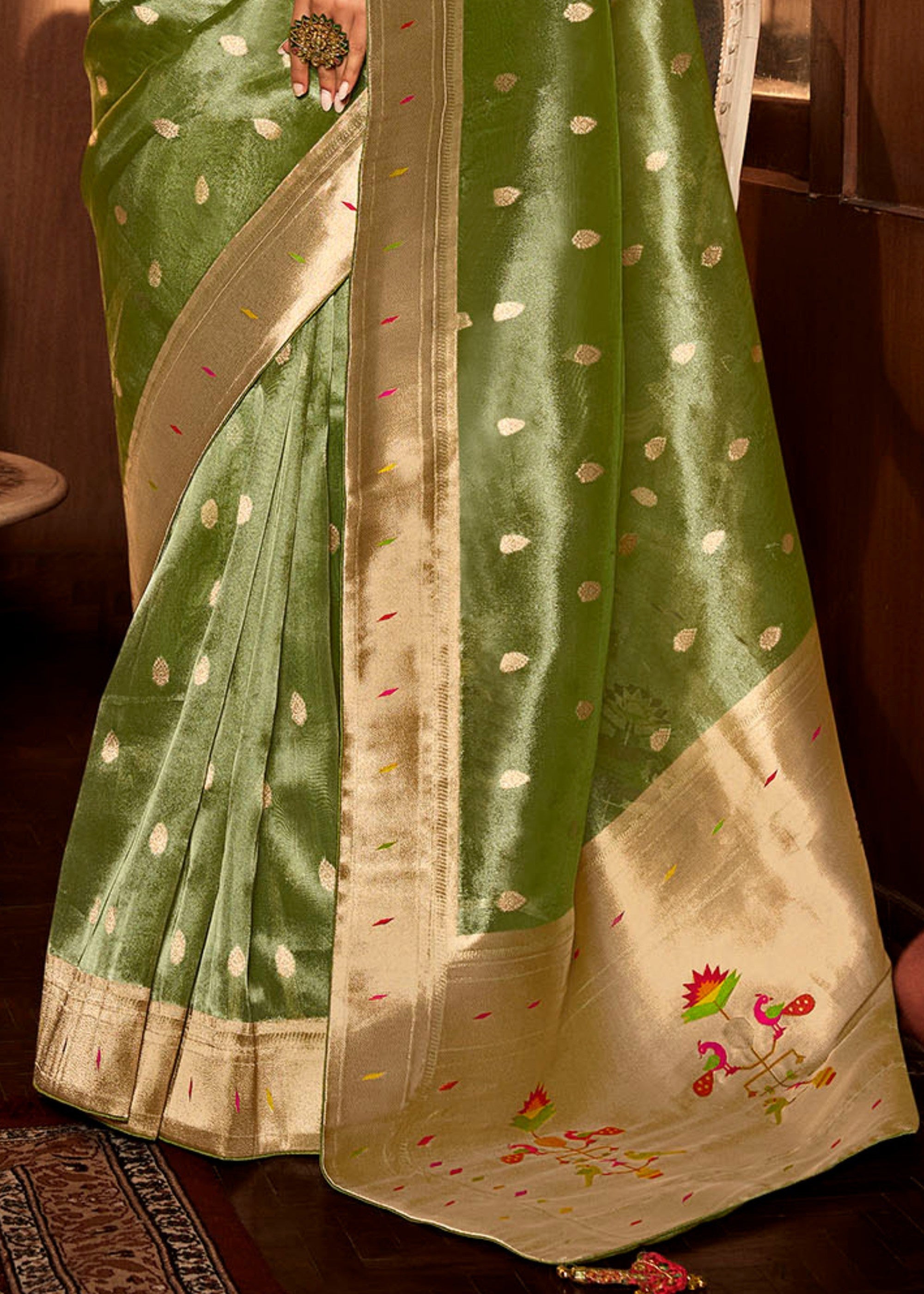 Pear Green Pure Tissue Paithani Silk Saree with Heavy Designer Embroidered Blouse - qivii